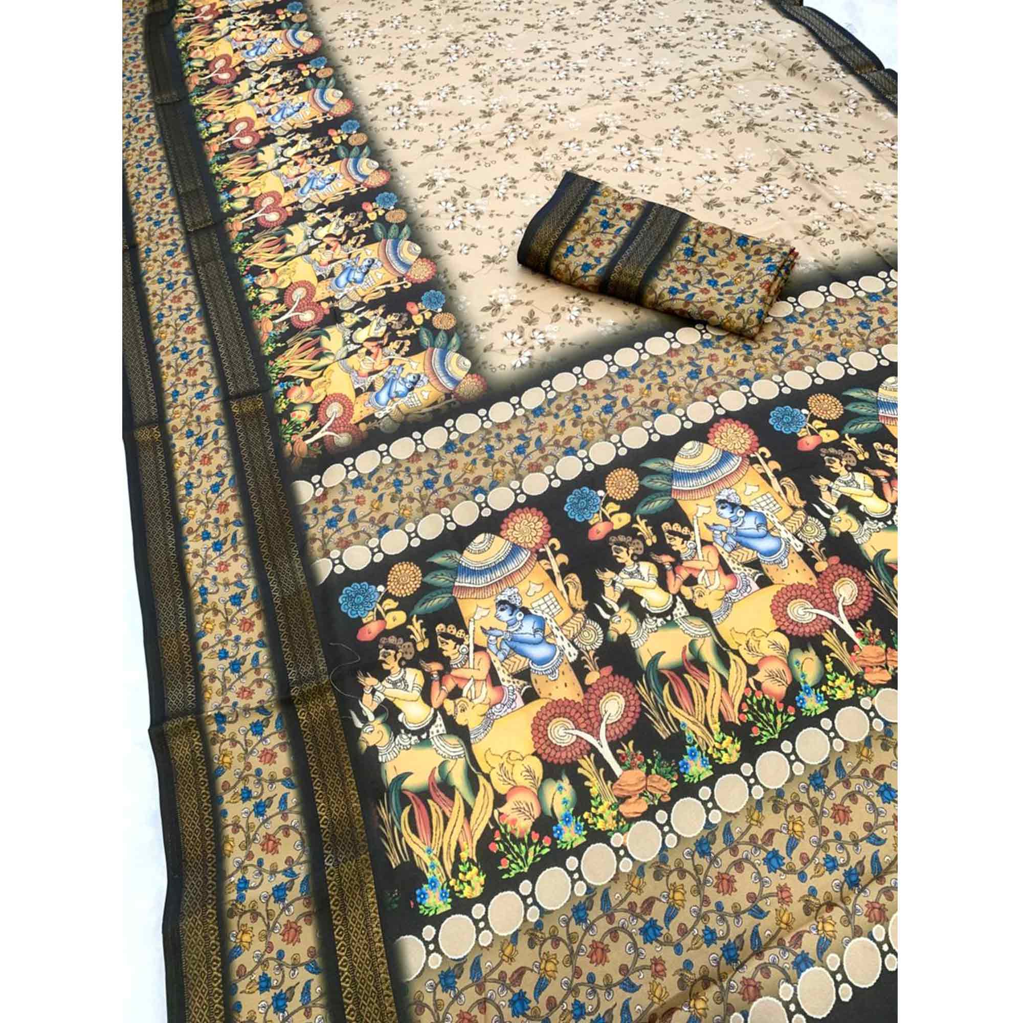 Beige Floral Moss Georgette Saree with Elegant Drape & Soft Texture