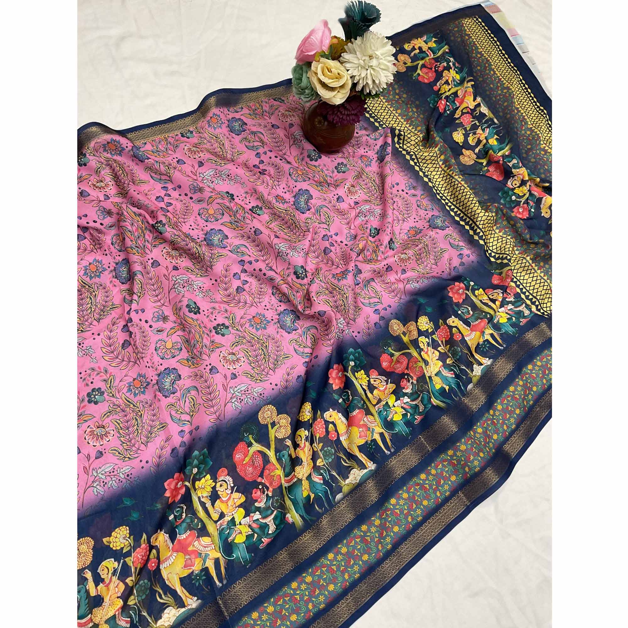 Pink Floral Moss Georgette Saree with Elegant Drape & Soft Texture