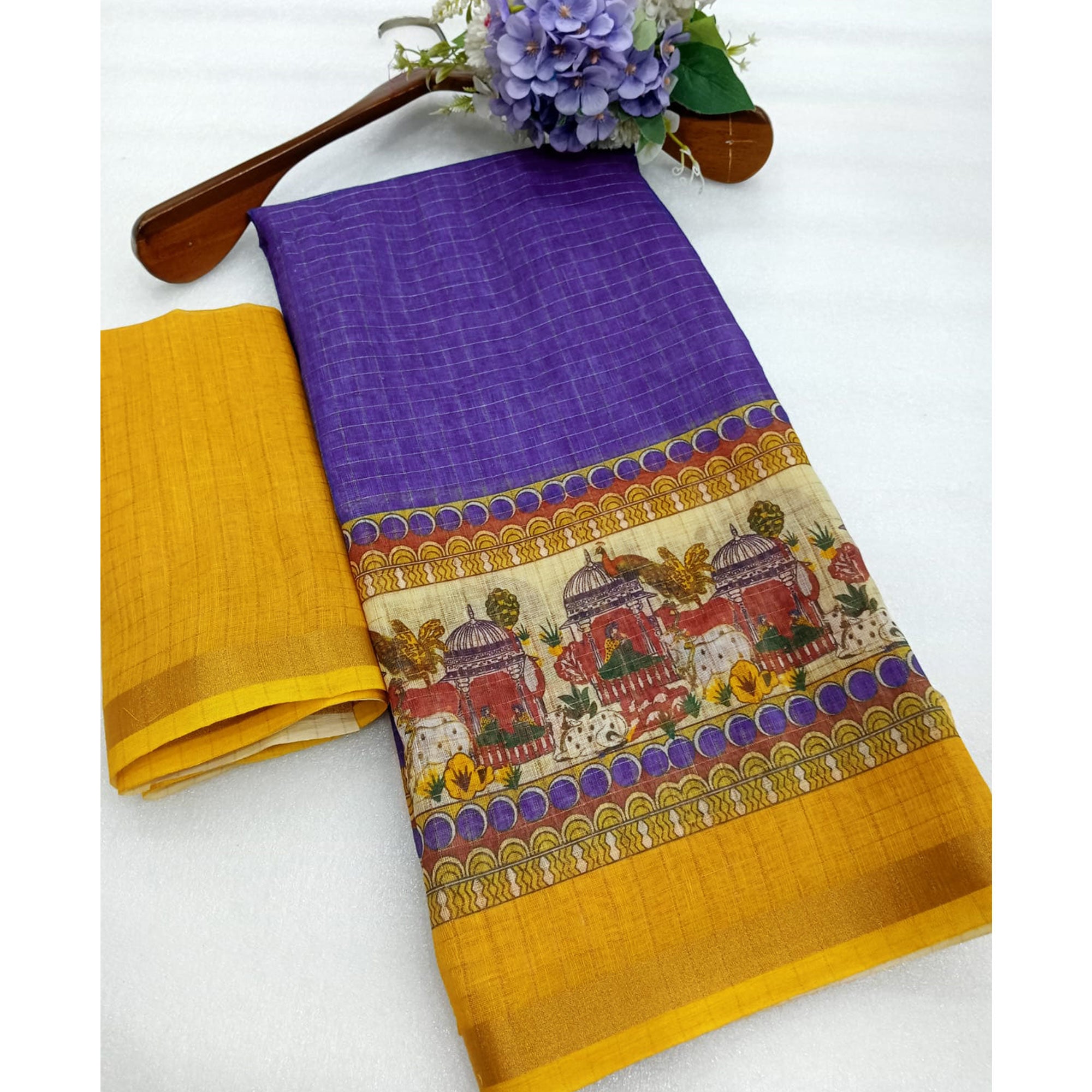 Purple Checks Zari Woven With Printed Linen Saree