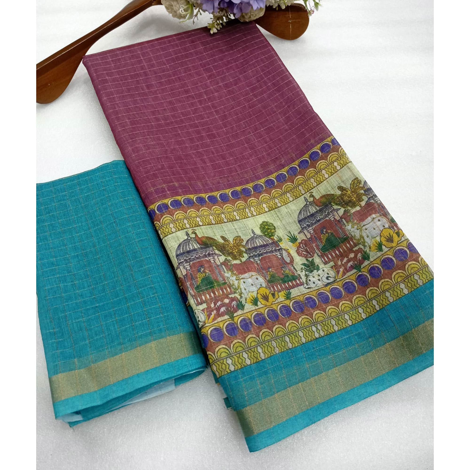 Wine Checks Zari Woven With Printed Linen Saree