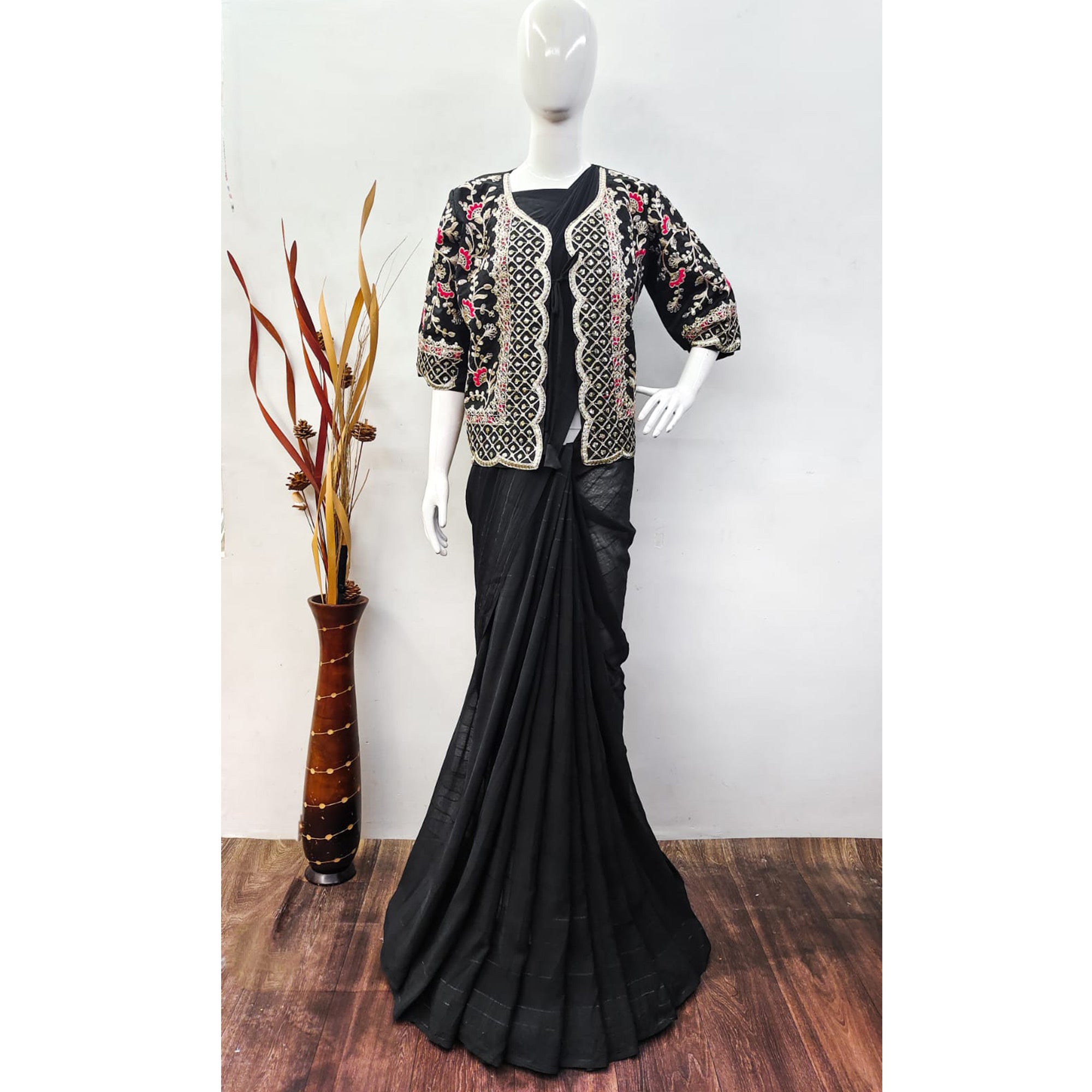 Black Woven Georgette Saree With Embroidered Jacket
