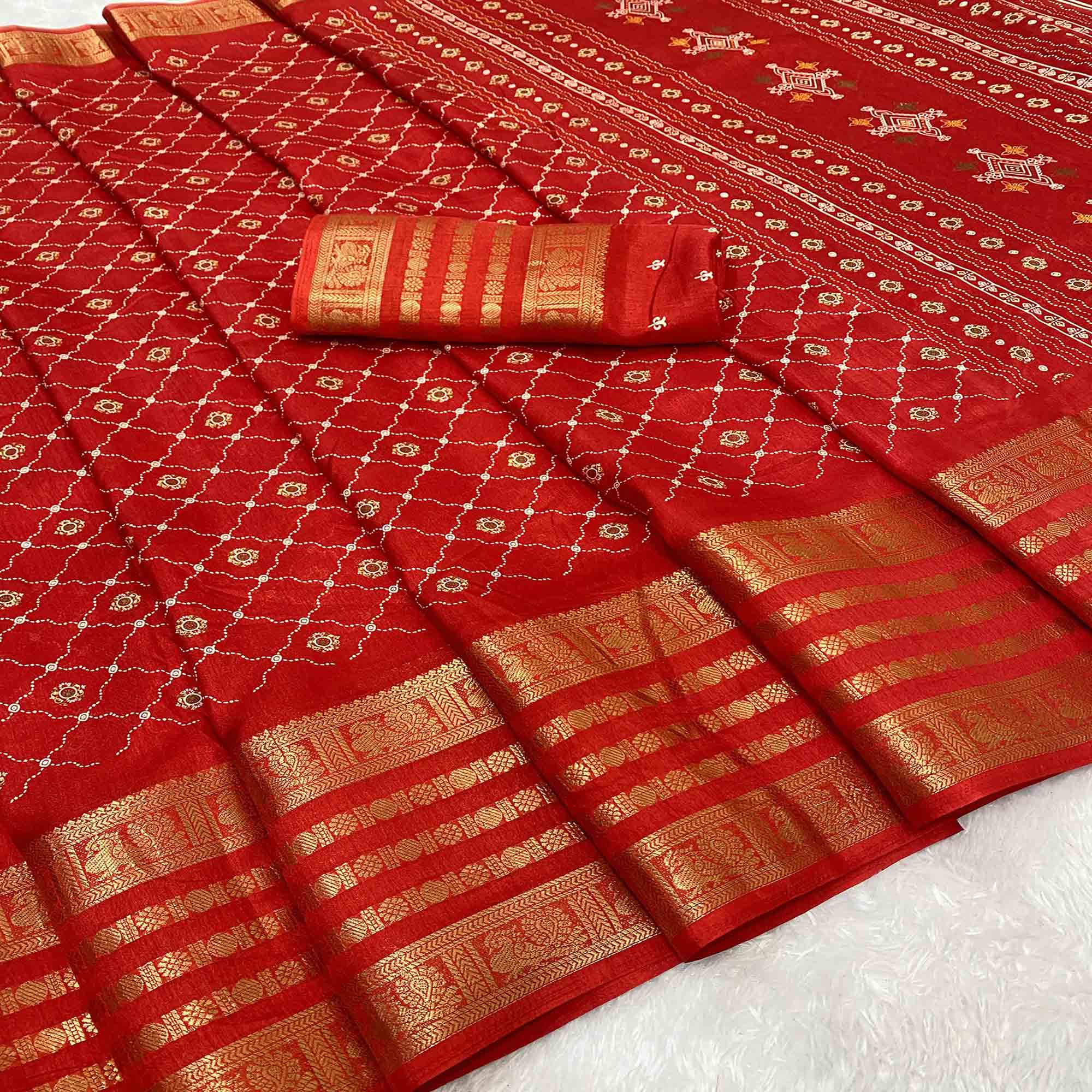 Red Dola Silk Saree with Blossoming Grid Pattern and Zari Trim