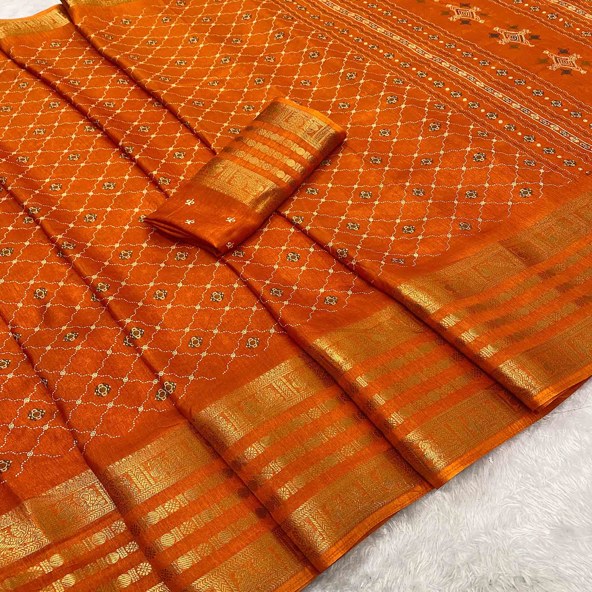 Rich Orange Dola Silk Saree with Blossoming Grid Pattern and Zari Trim