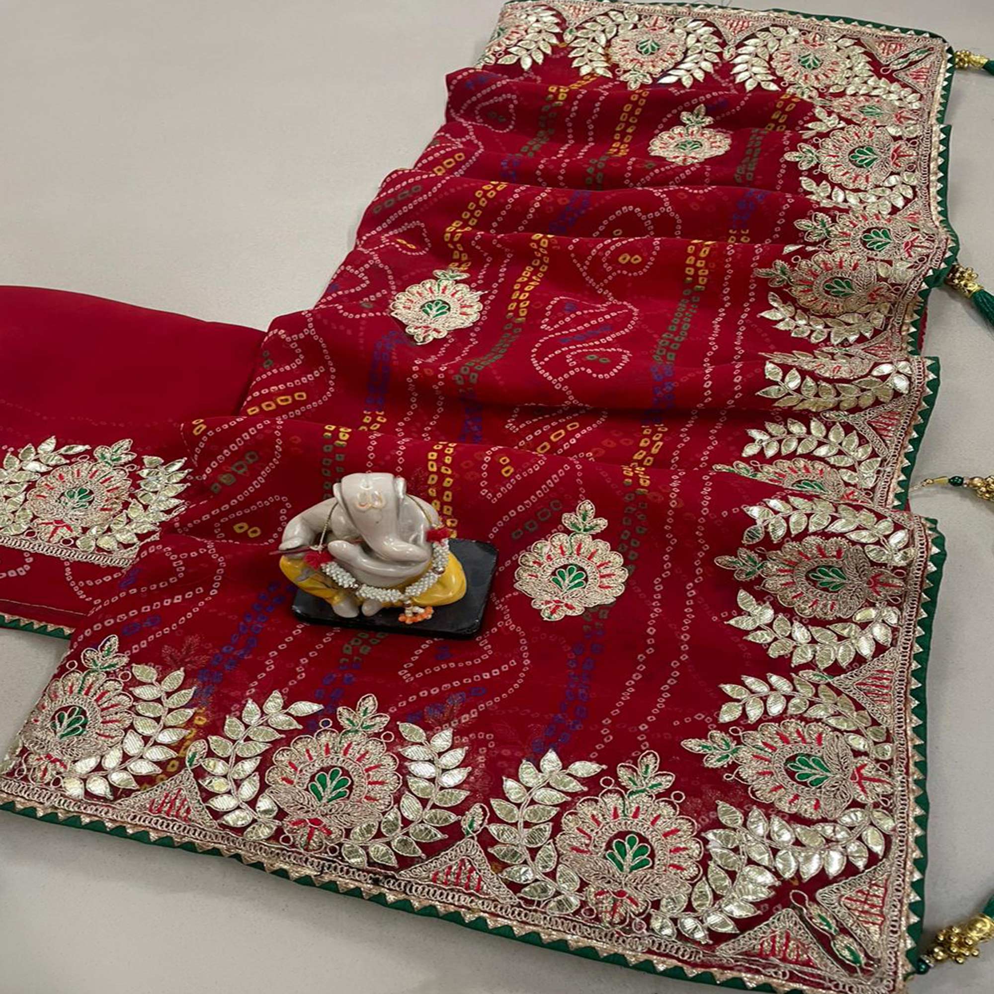 Red Bandhani Printed Georgette Saree