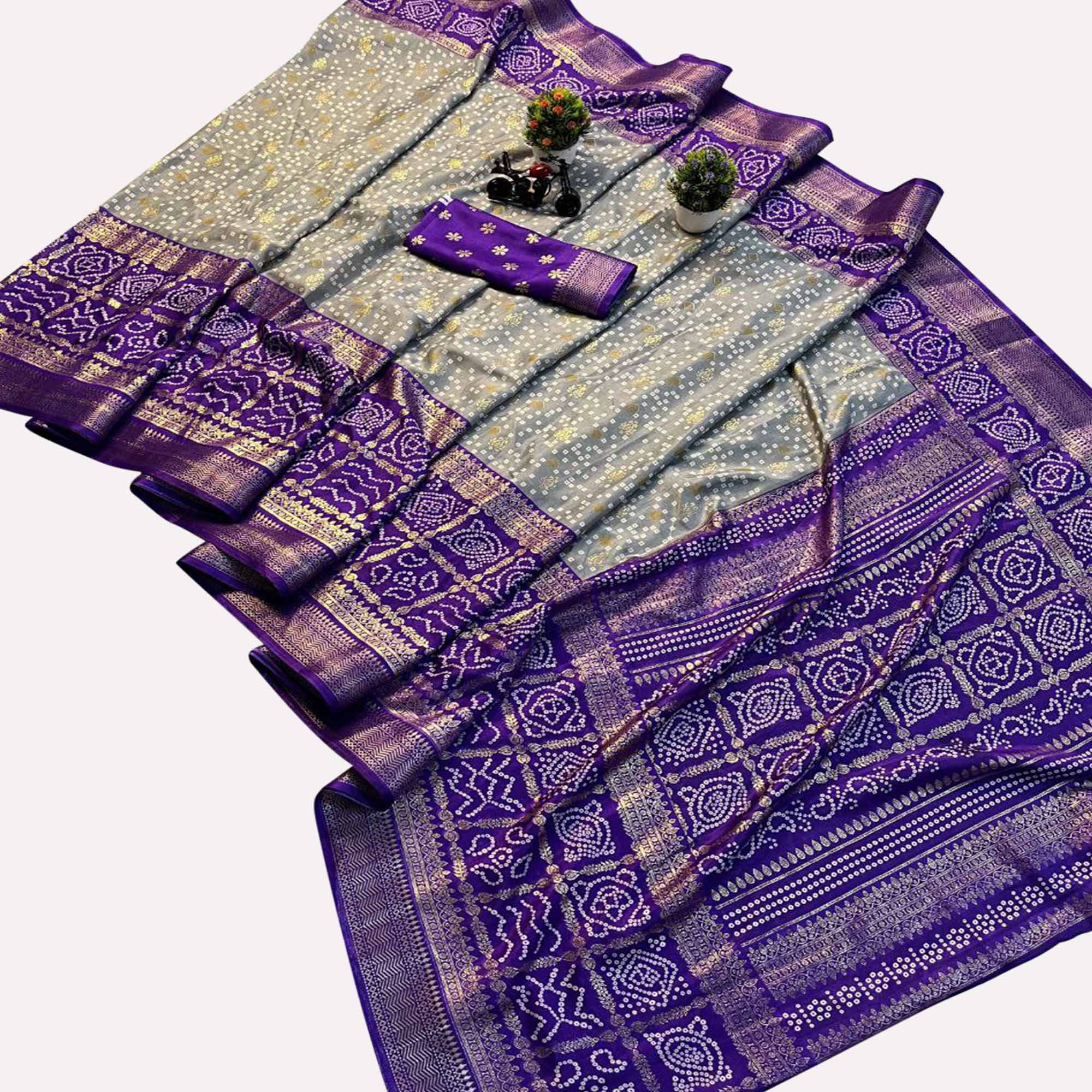Grey & Purple Dola Silk Saree Featuring Traditional Bandhani Print & Woven Border