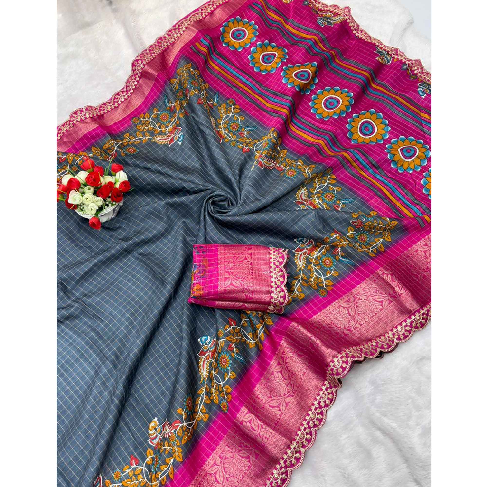 Grey Dola Silk Saree Featuring Soft Printed Detailing and a Rich Sequins Border Highlight