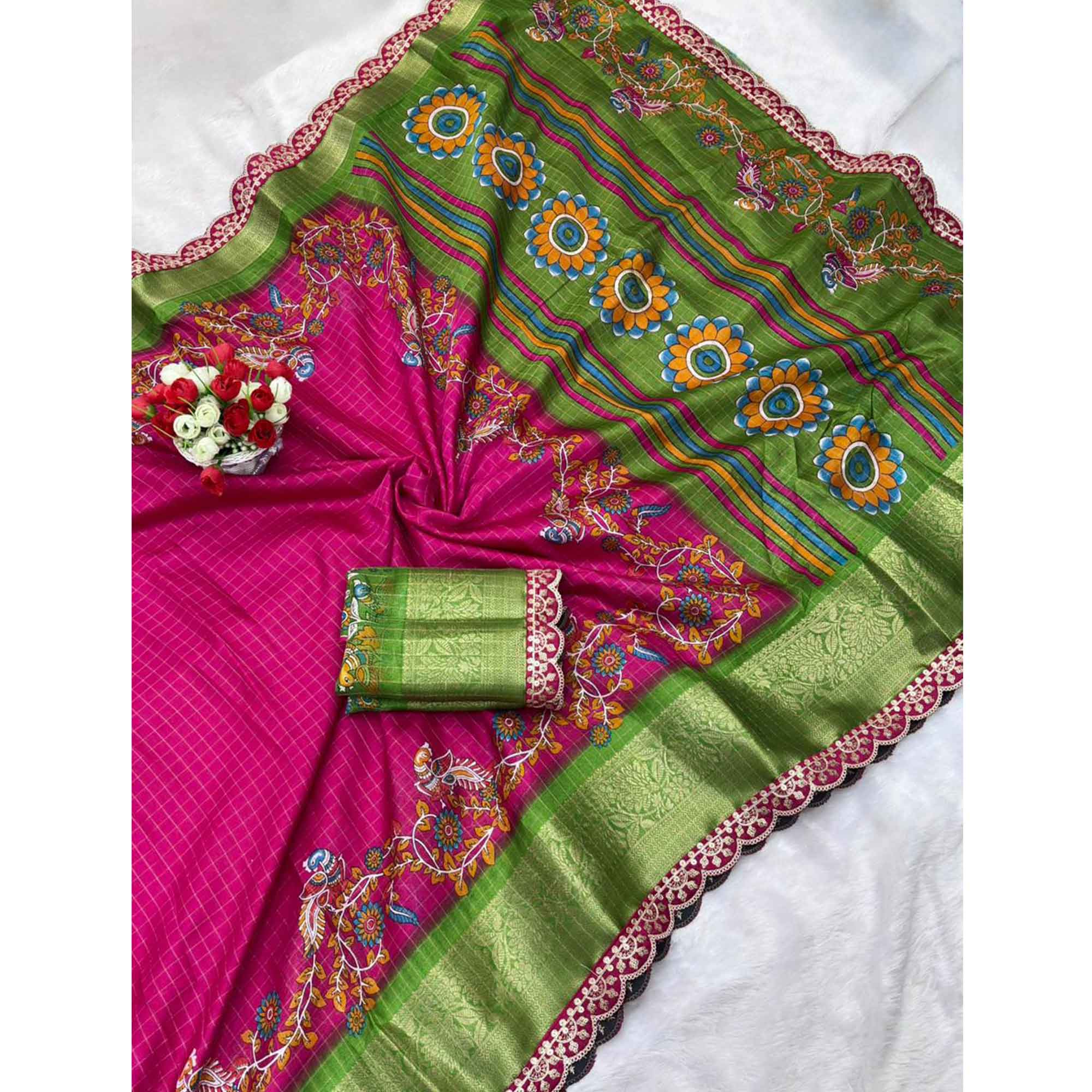 Pink Dola Silk Saree Featuring Soft Printed Detailing and a Rich Sequins Border Highlight