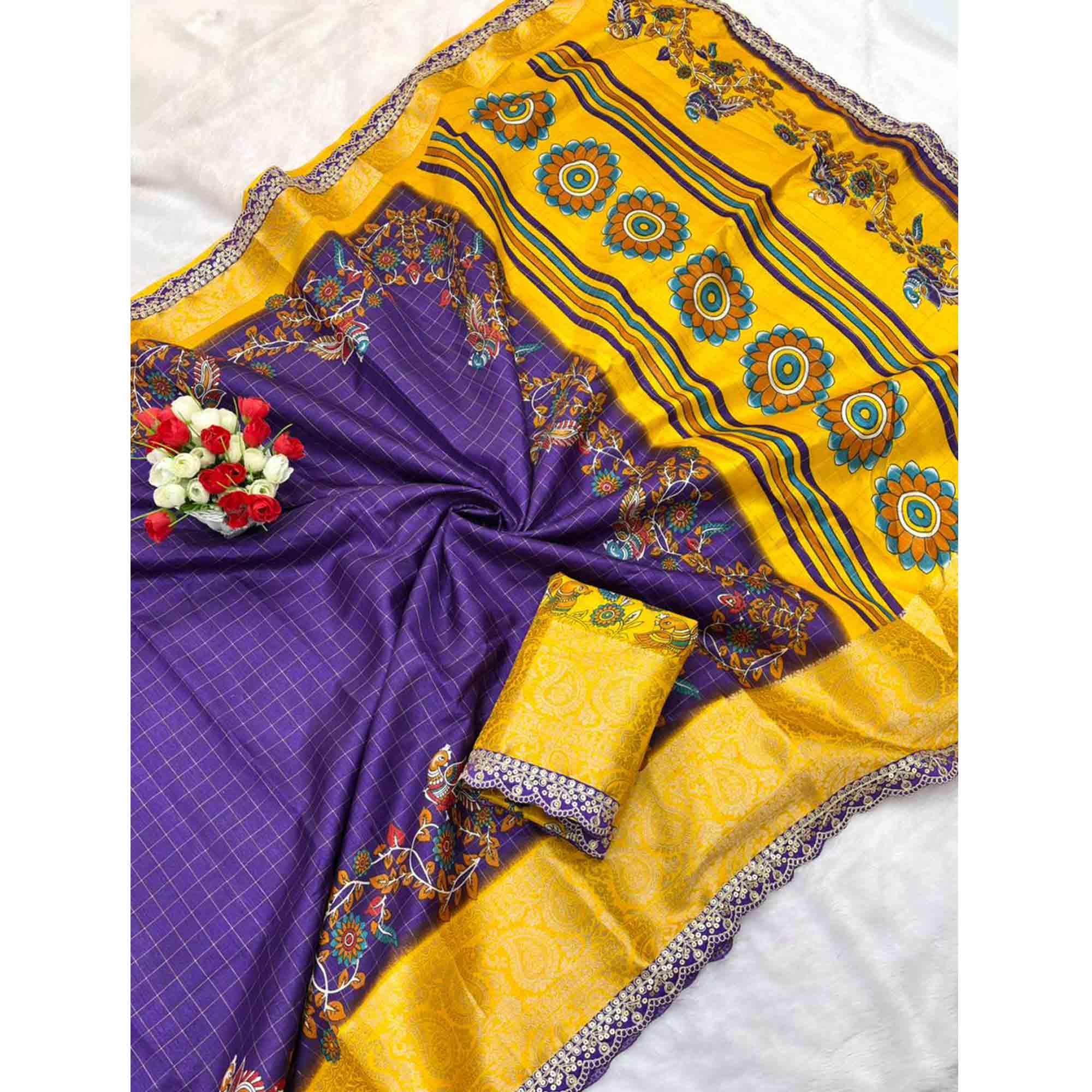 Purple Dola Silk Saree Featuring Soft Printed Detailing and a Rich Sequins Border Highlight