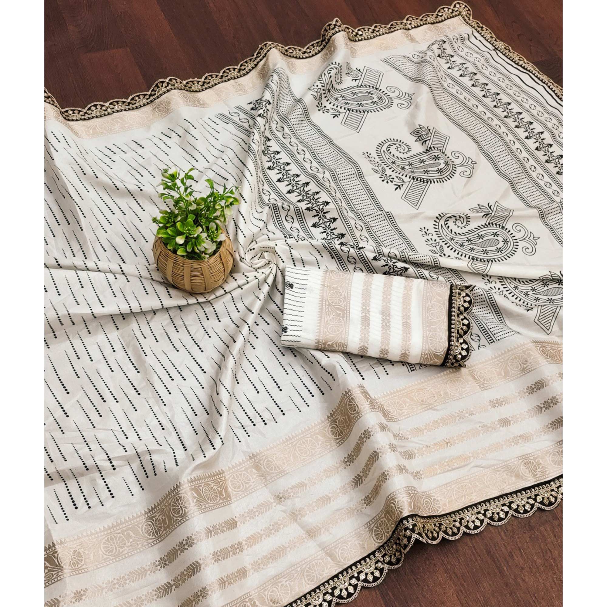 White Printed Dola Silk Saree With Sequins Border