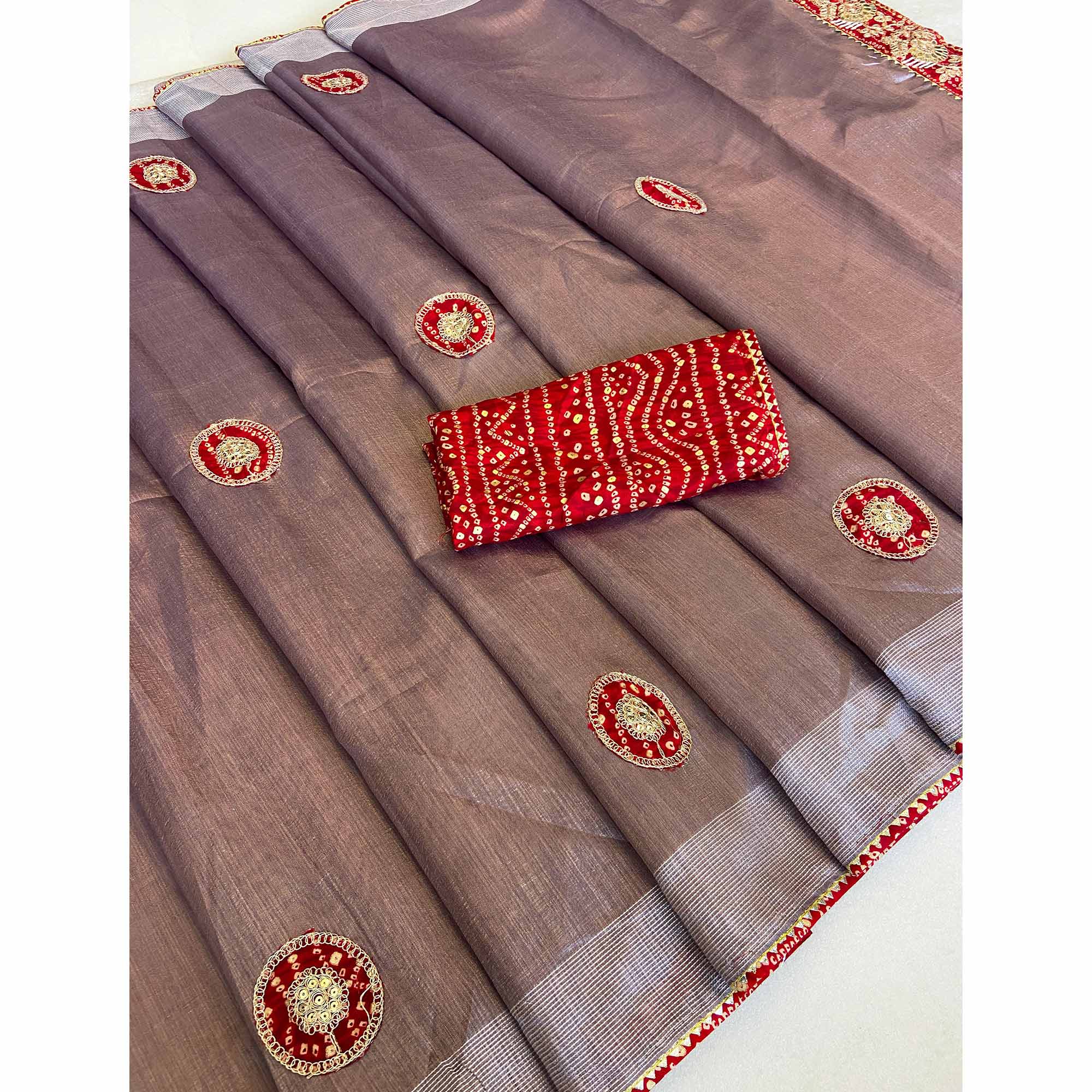 Lavender Cording Sequins Embroidery With Bandhani Print Art Silk Saree