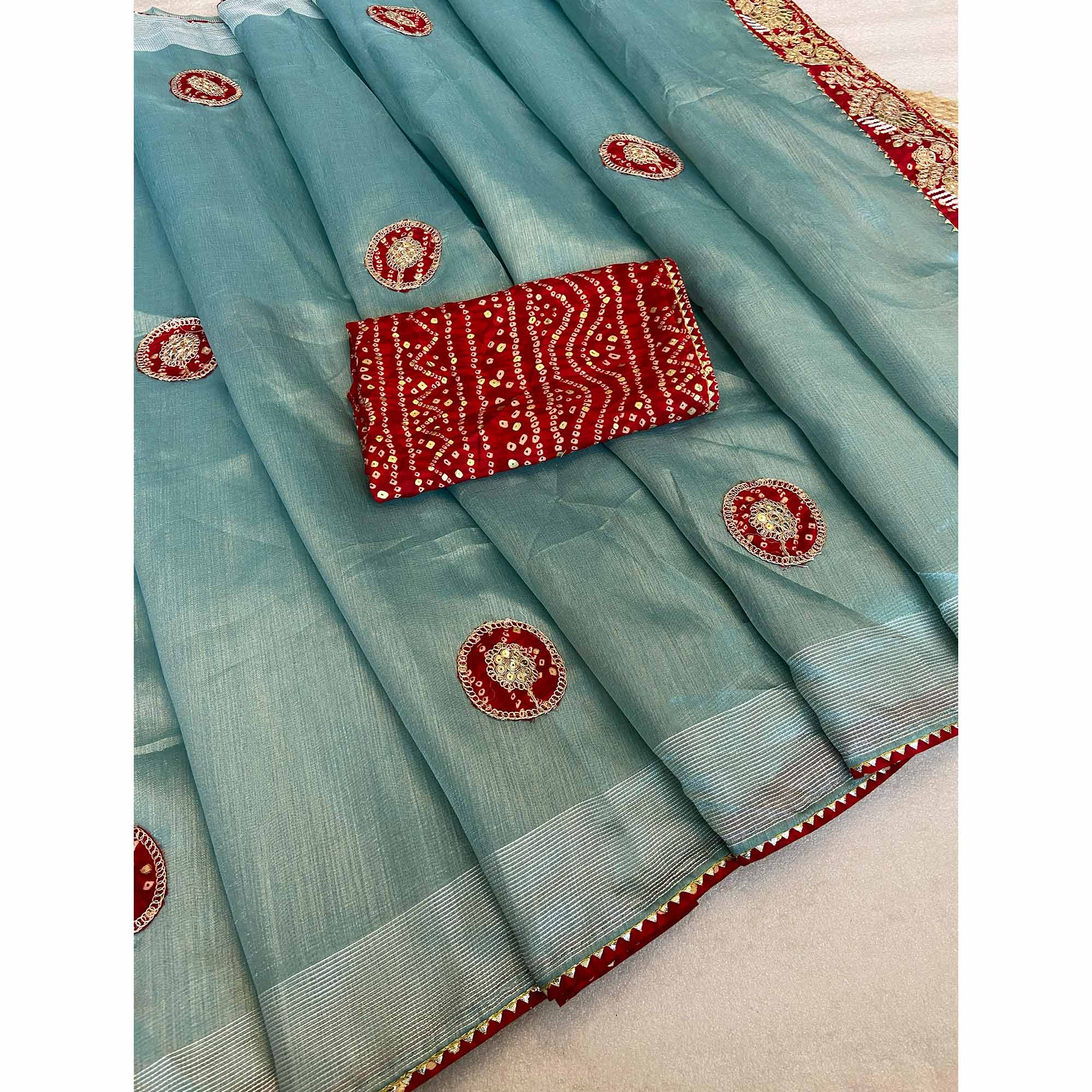 Turquoise Blue Cording Sequins Embroidery With Bandhani Print Art Silk Saree