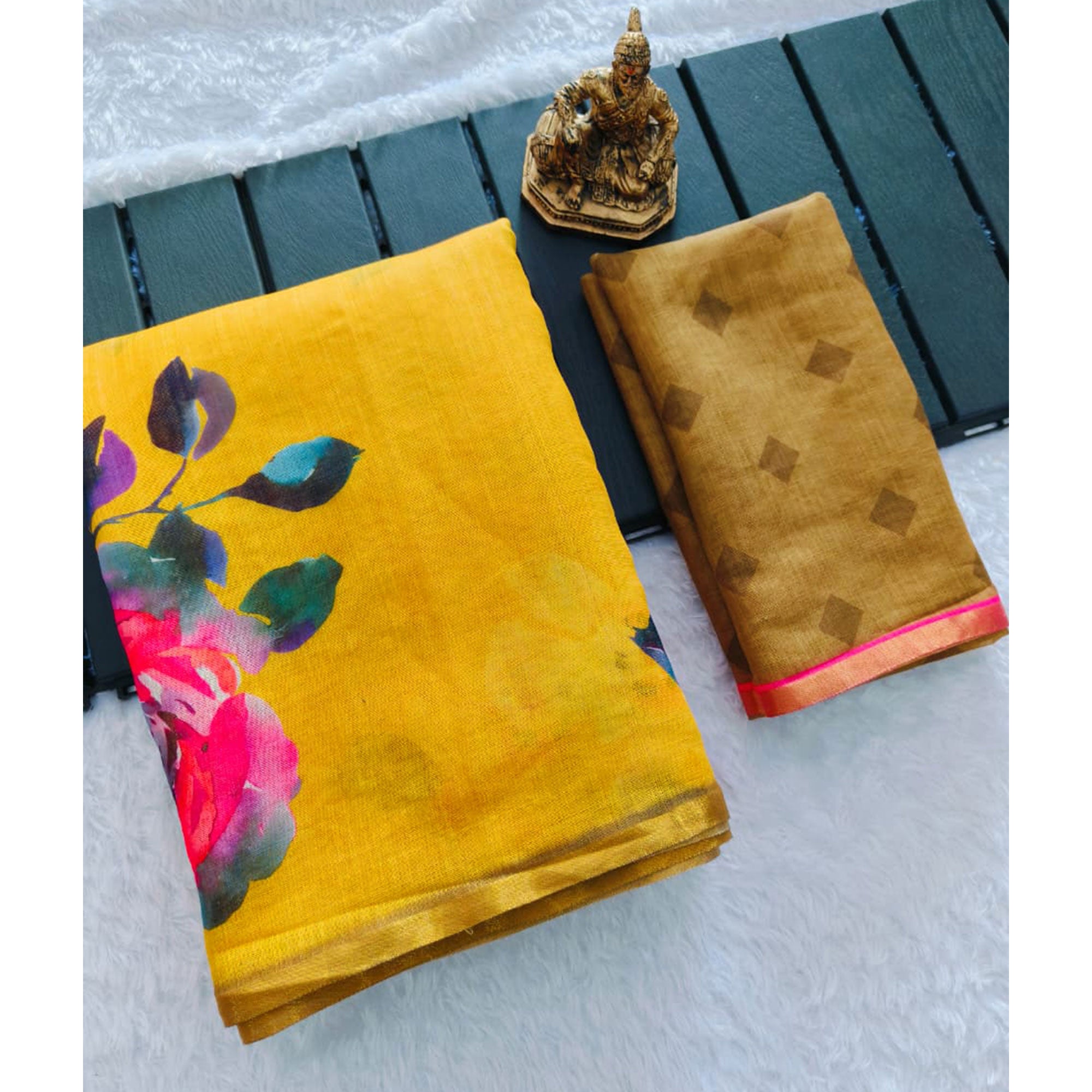 Mustard Linen Cotton Saree Adorned with Vibrant Geometric Prints and Breezy Texture