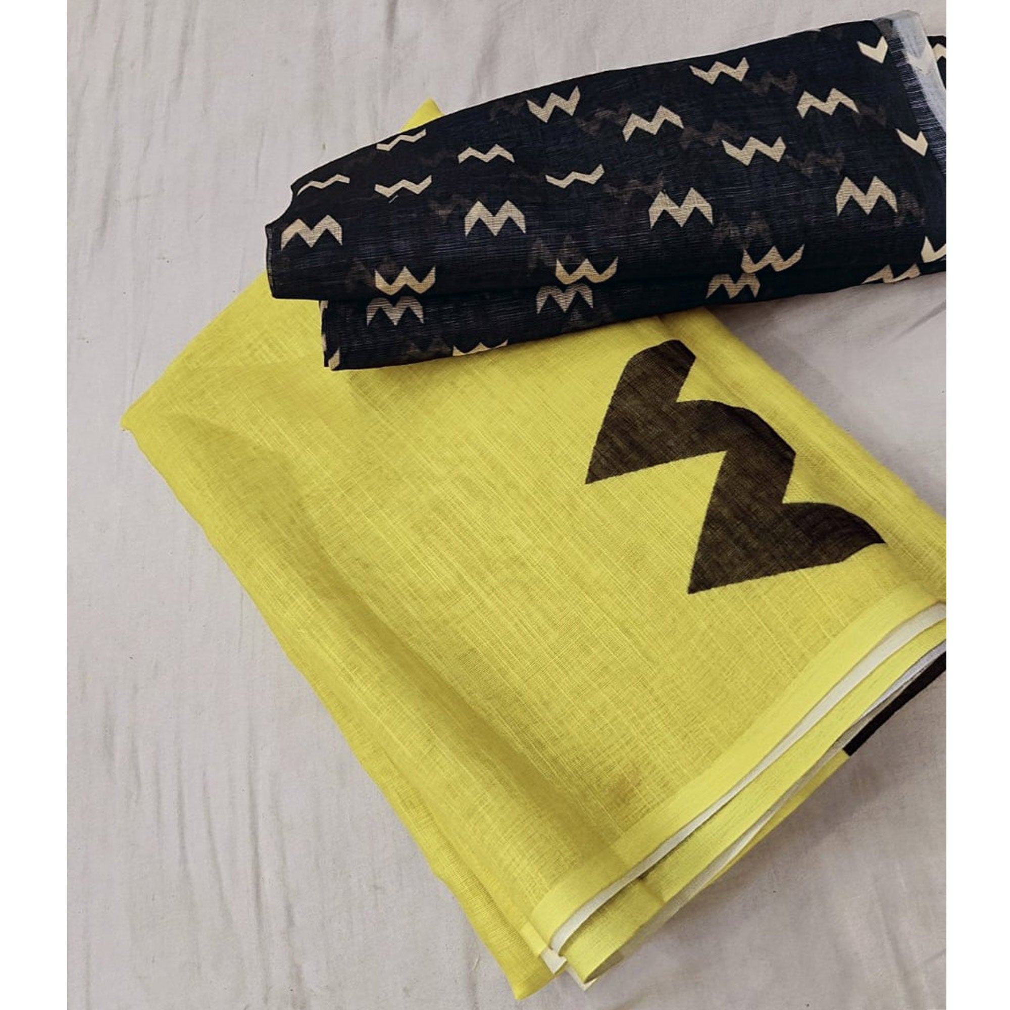 Lemon Yellow Linen Cotton Saree Adorned with Vibrant Geometric Prints and Breezy Texture