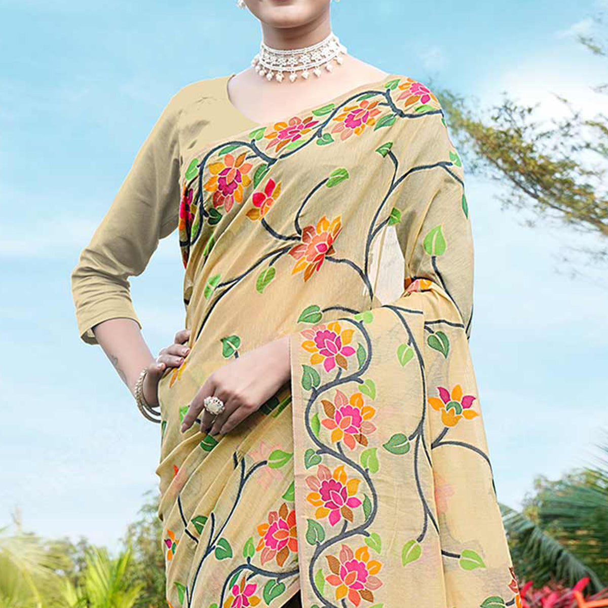 Beige Floral Woven Cotton Silk Saree With Tassels