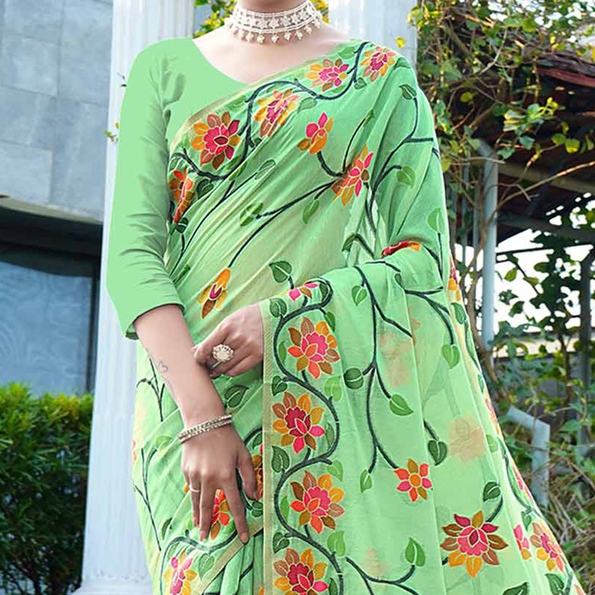 Green Floral Woven Cotton Silk Saree With Tassels