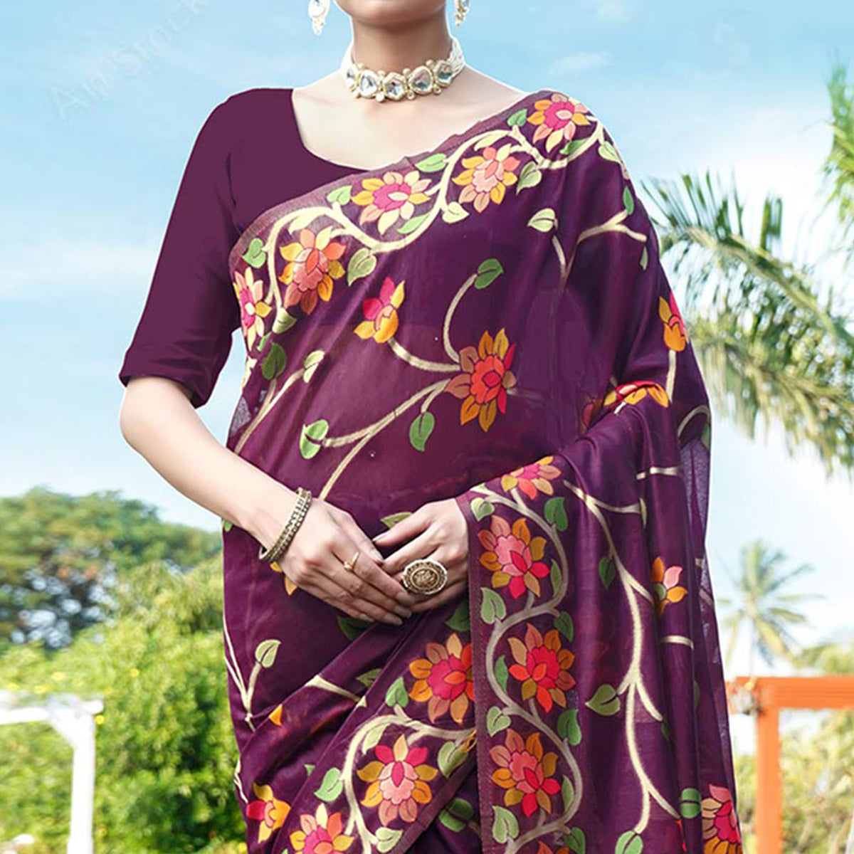 Purple Floral Woven Cotton Silk Saree With Tassels