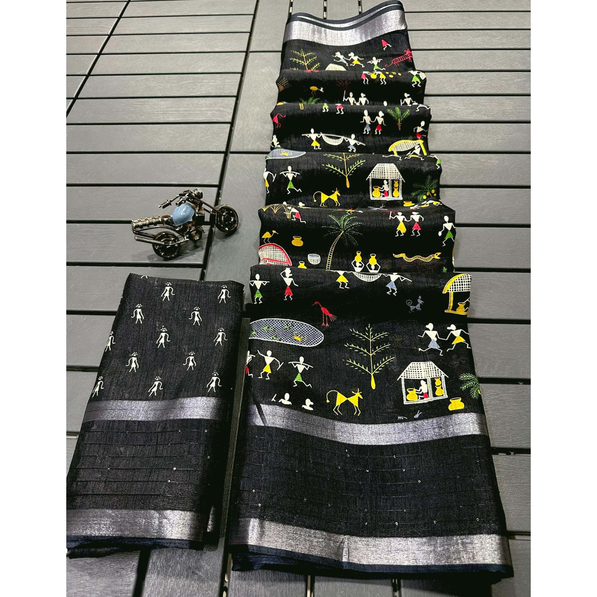 Black Warli Printed Dola Silk Saree