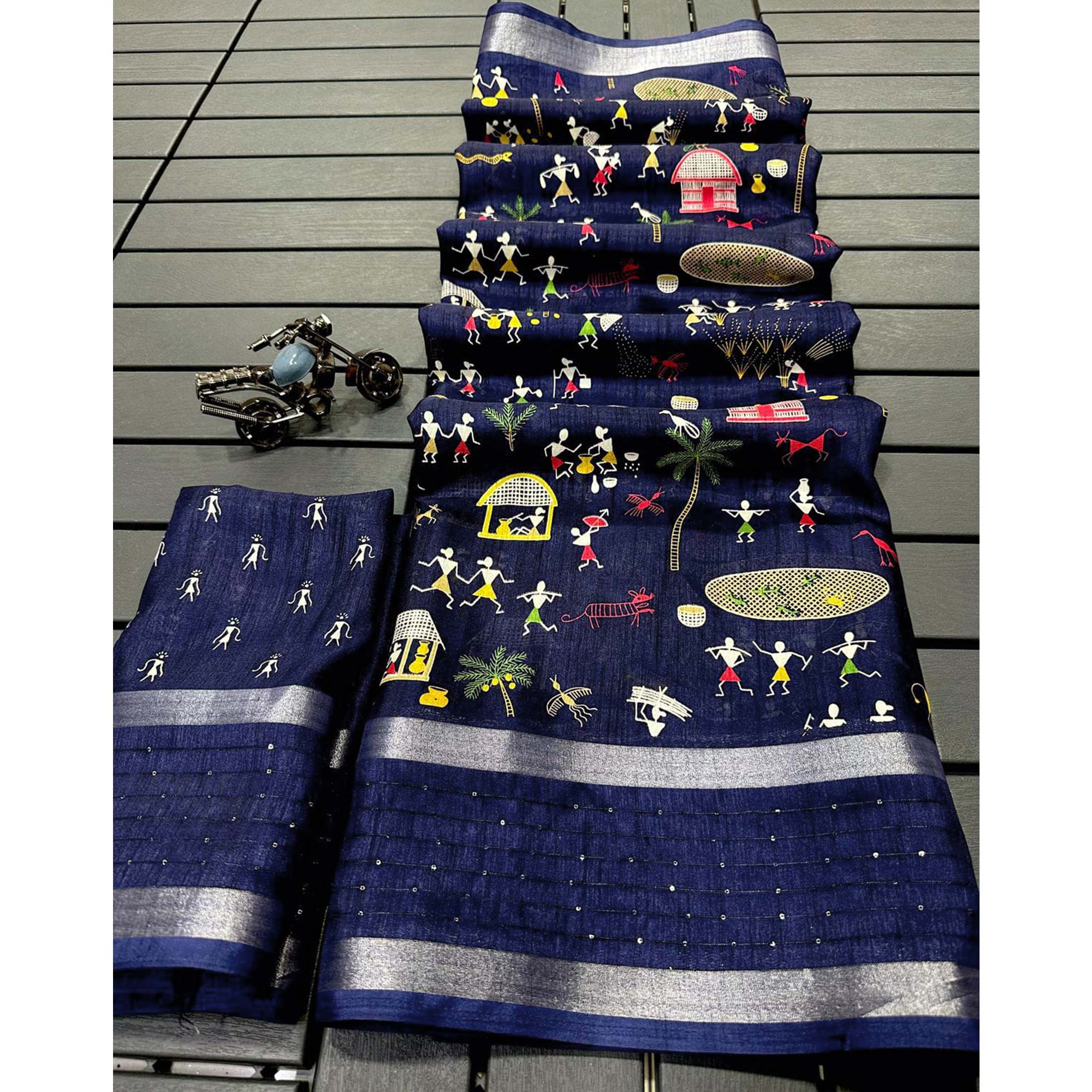 Navy Blue Warli Printed Dola Silk Saree