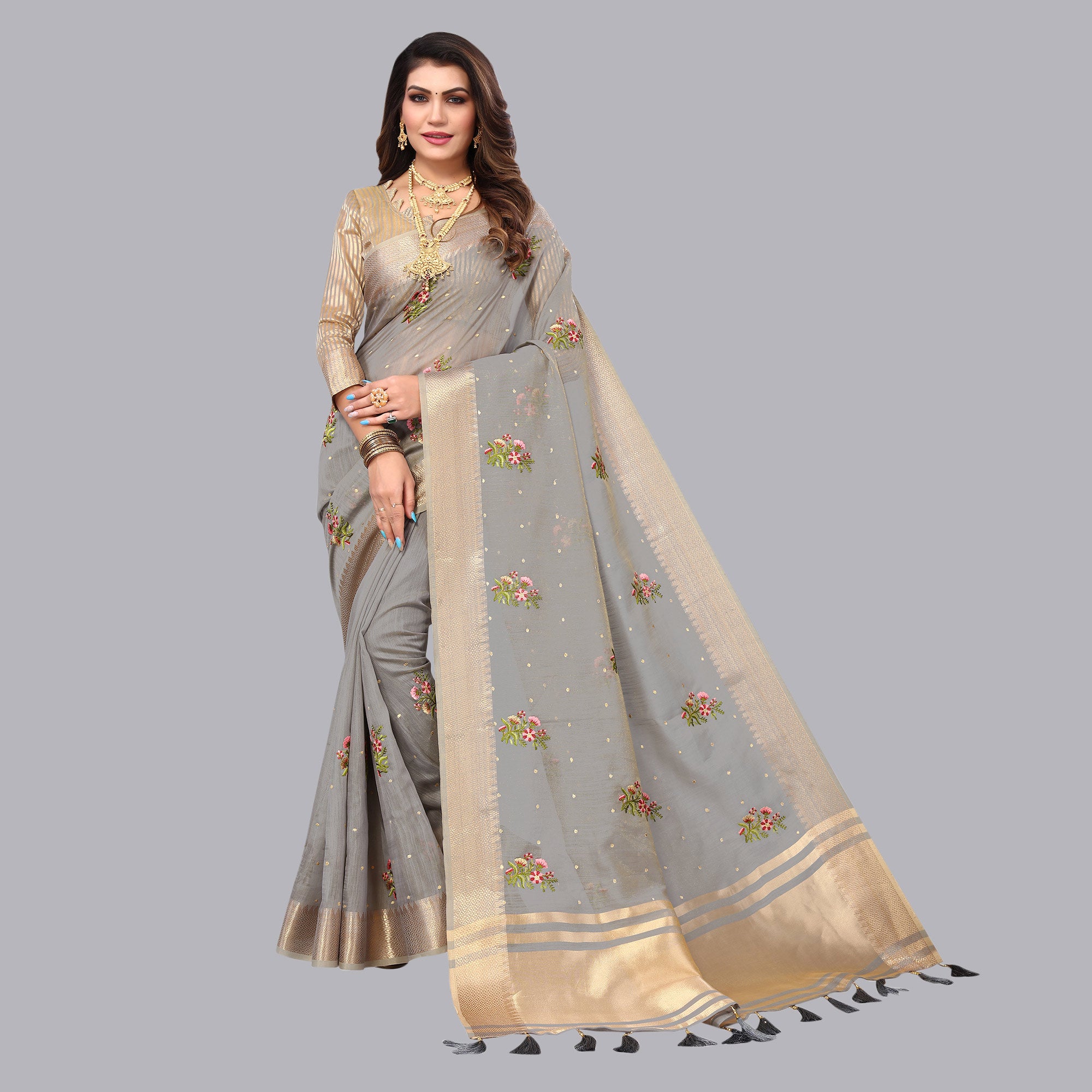 Grey Floral Embroidered Cotton Silk Saree With Zari Border