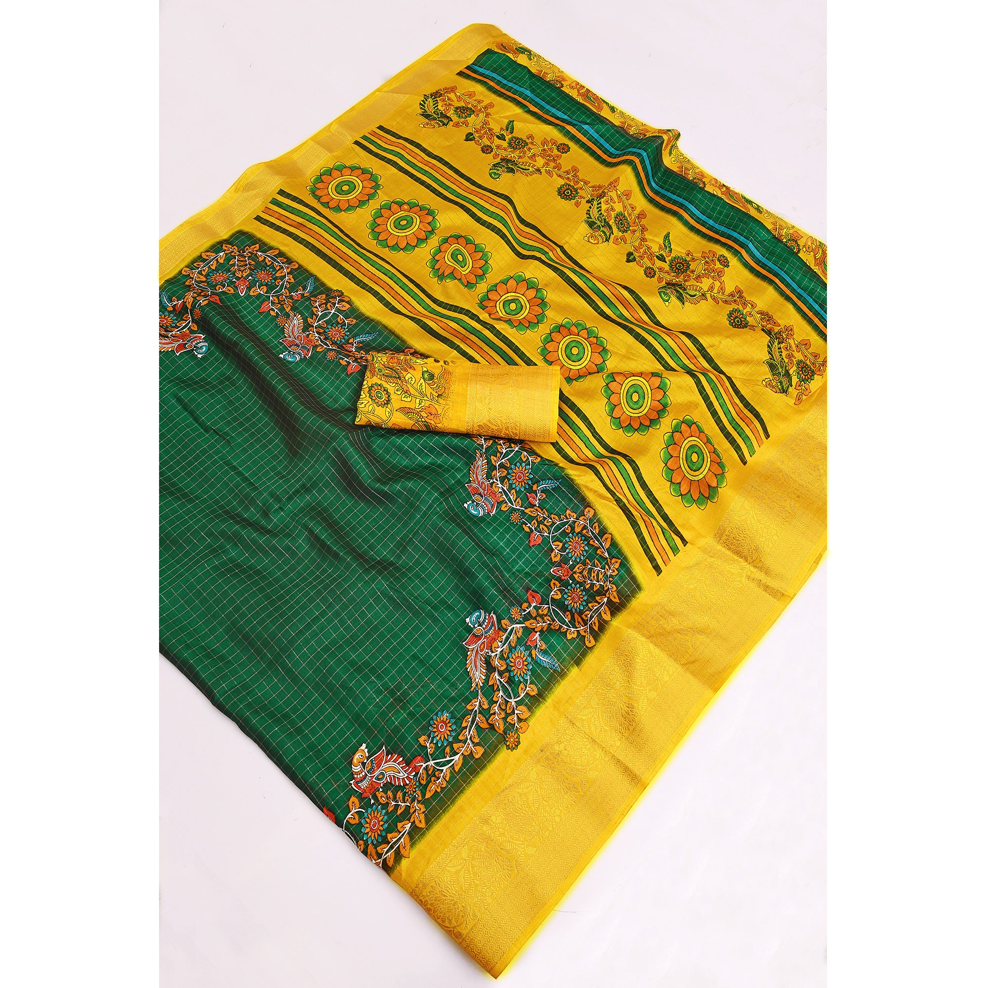 Sophisticated Green Checks & Peacock Design Saree Crafted In Dola Silk With Weaving Jacquard Border