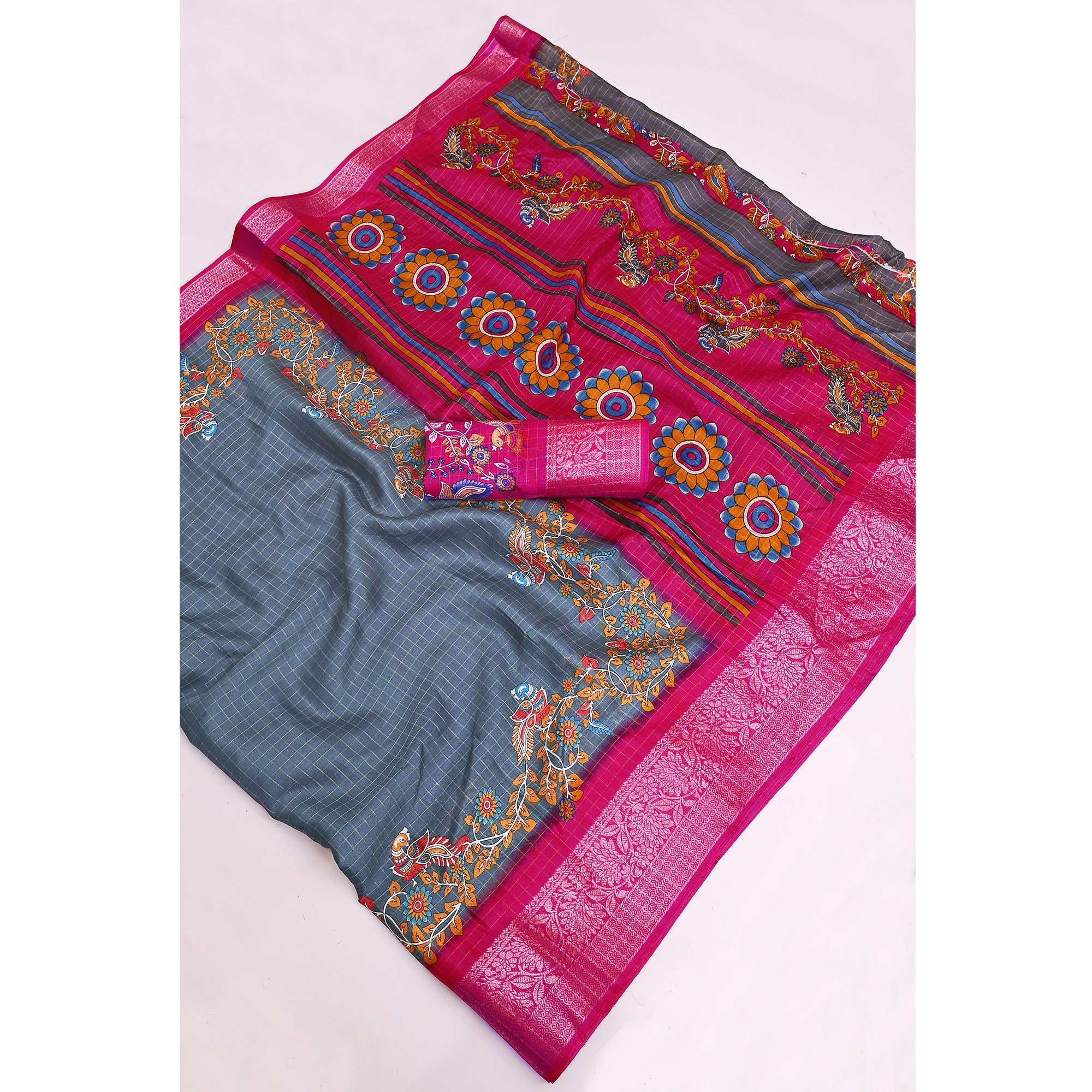 Sophisticated Grey Checks & Peacock Design Saree Crafted In Dola Silk With Weaving Jacquard Border