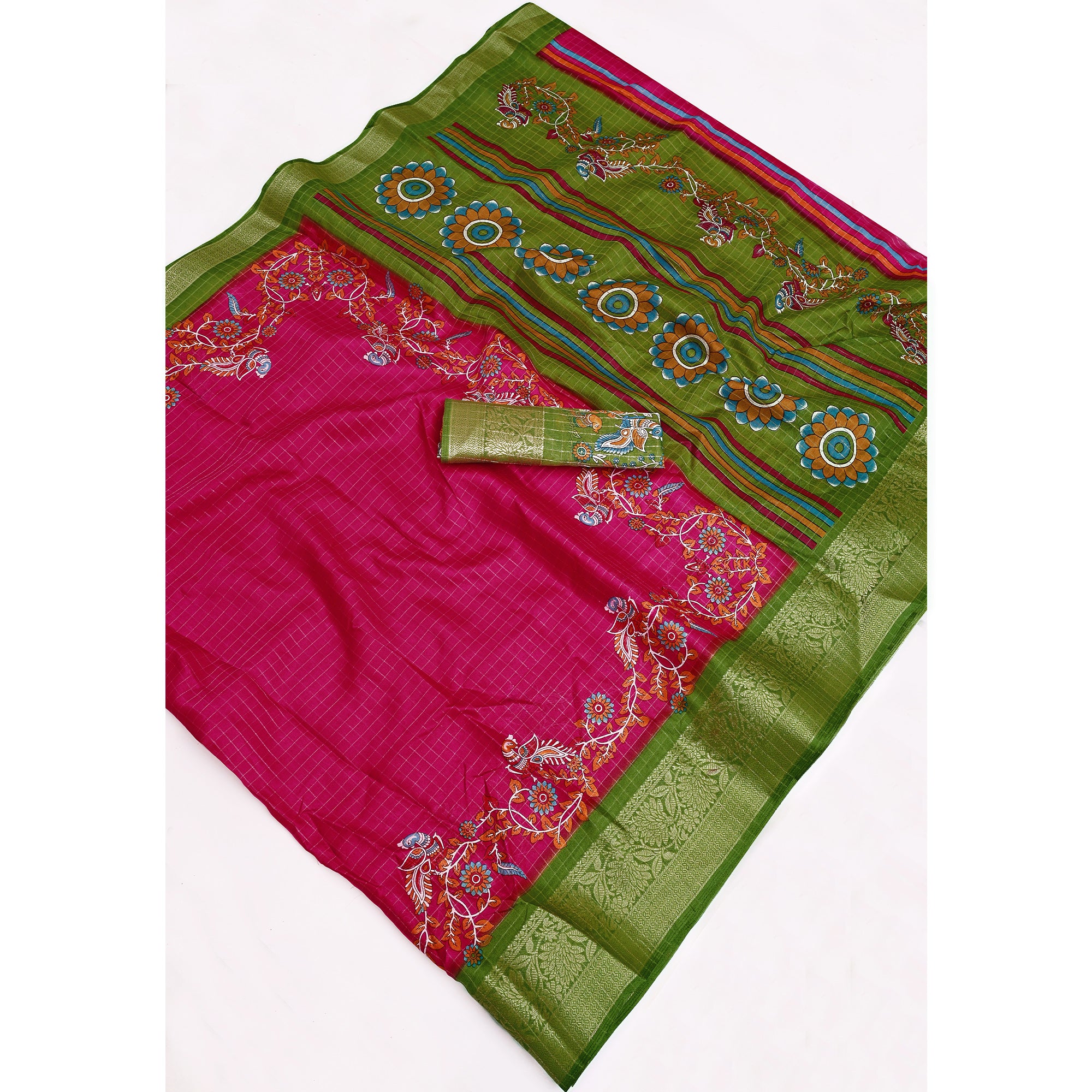 Sophisticated Pink Checks & Peacock Design Saree Crafted In Dola Silk With Weaving Jacquard Border