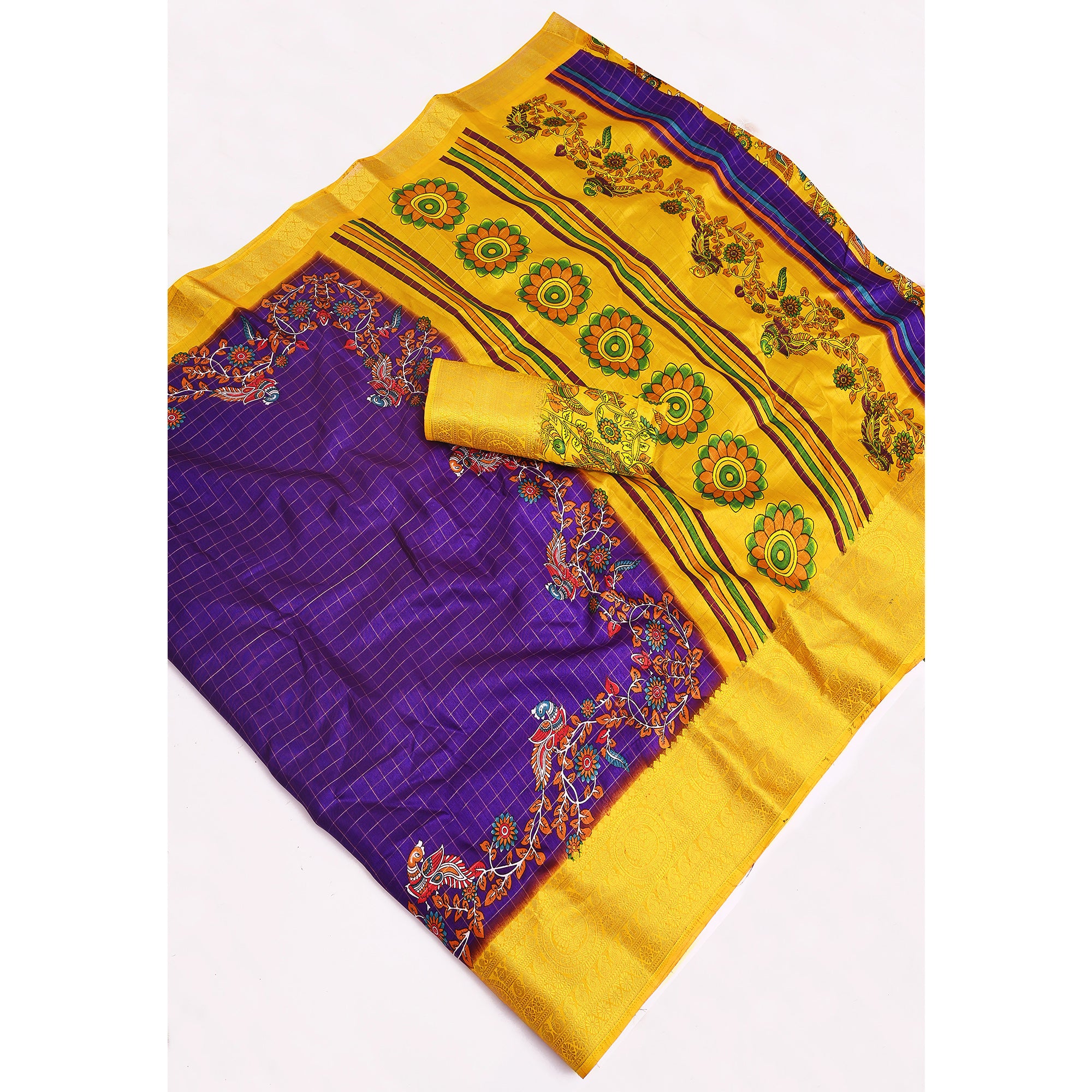 Sophisticated Purple Checks & Peacock Design Saree Crafted In Dola Silk With Weaving Jacquard Border