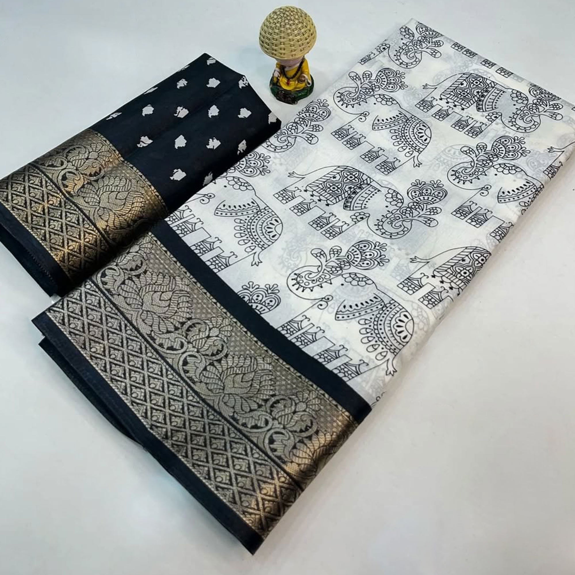 White Warli Printed Dola Silk Saree With Zari Border