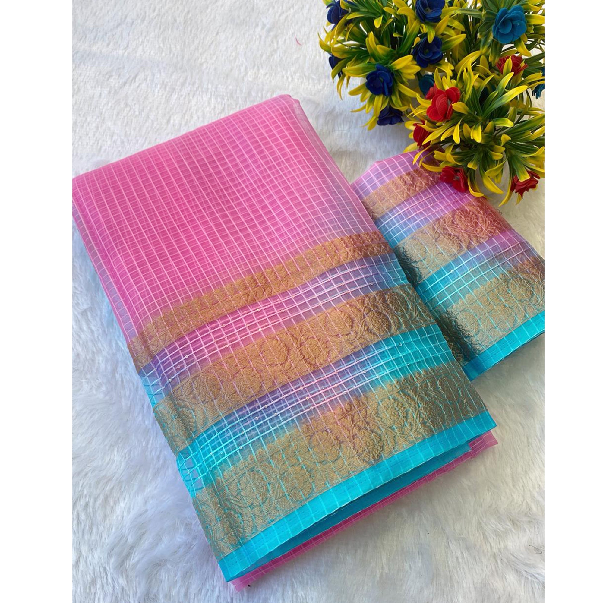 Classic Blue & Pink Kerala Inspired Checked Weaving Organza Saree