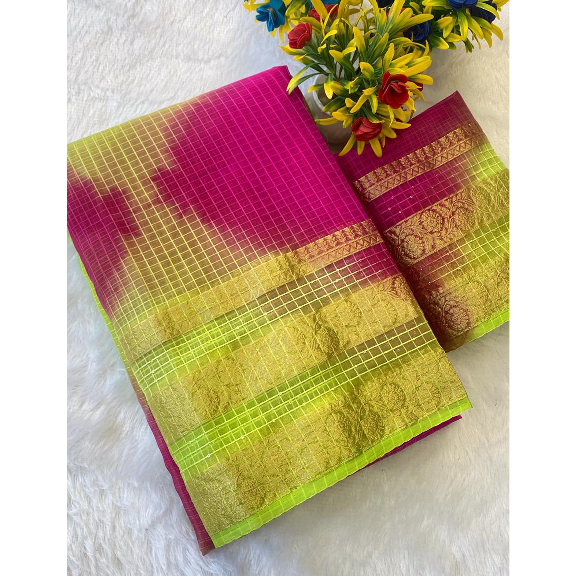 Classic Green & Pink Kerala Inspired Checked Weaving Organza Saree