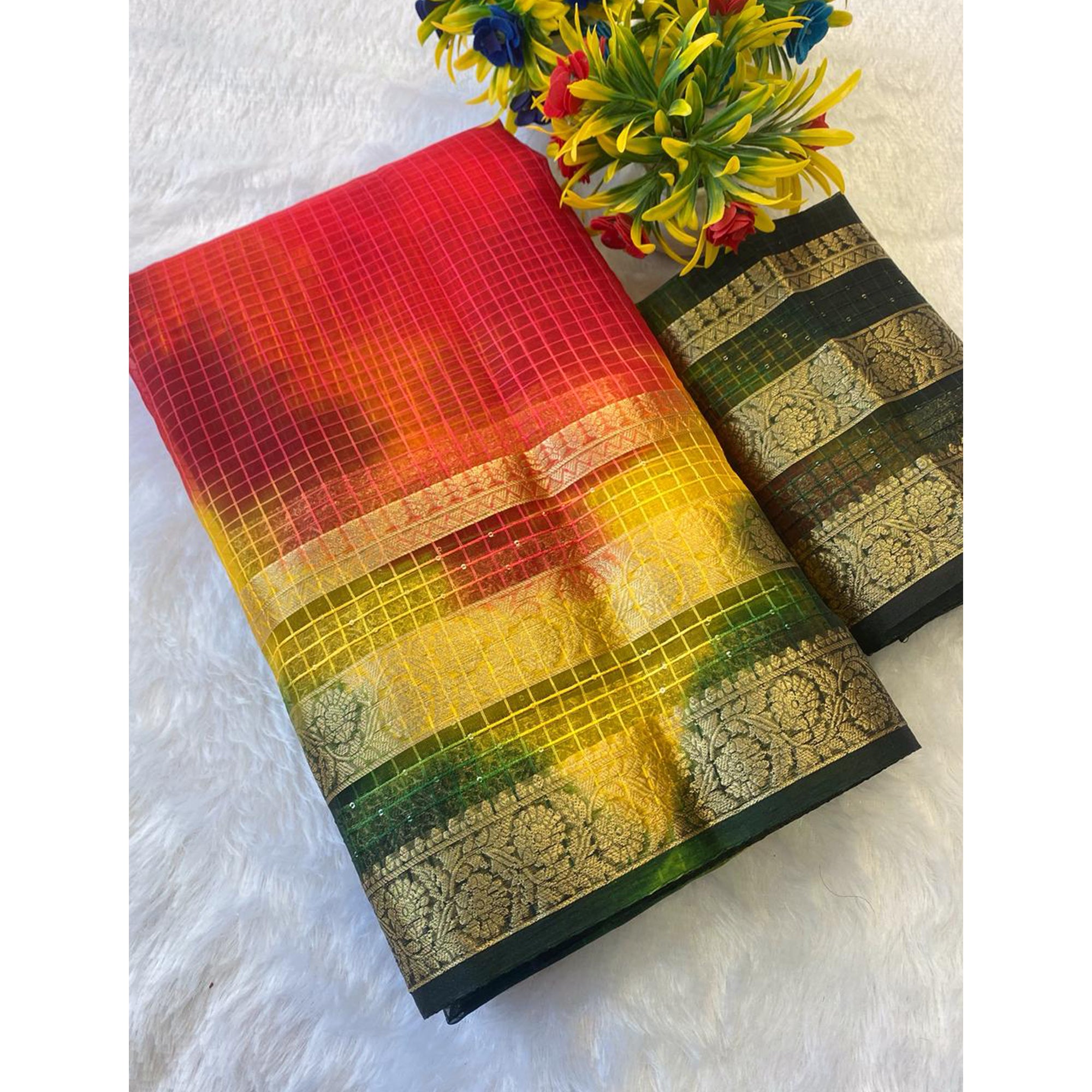 Classic Yellow & Red Kerala Inspired Checked Weaving Organza Saree