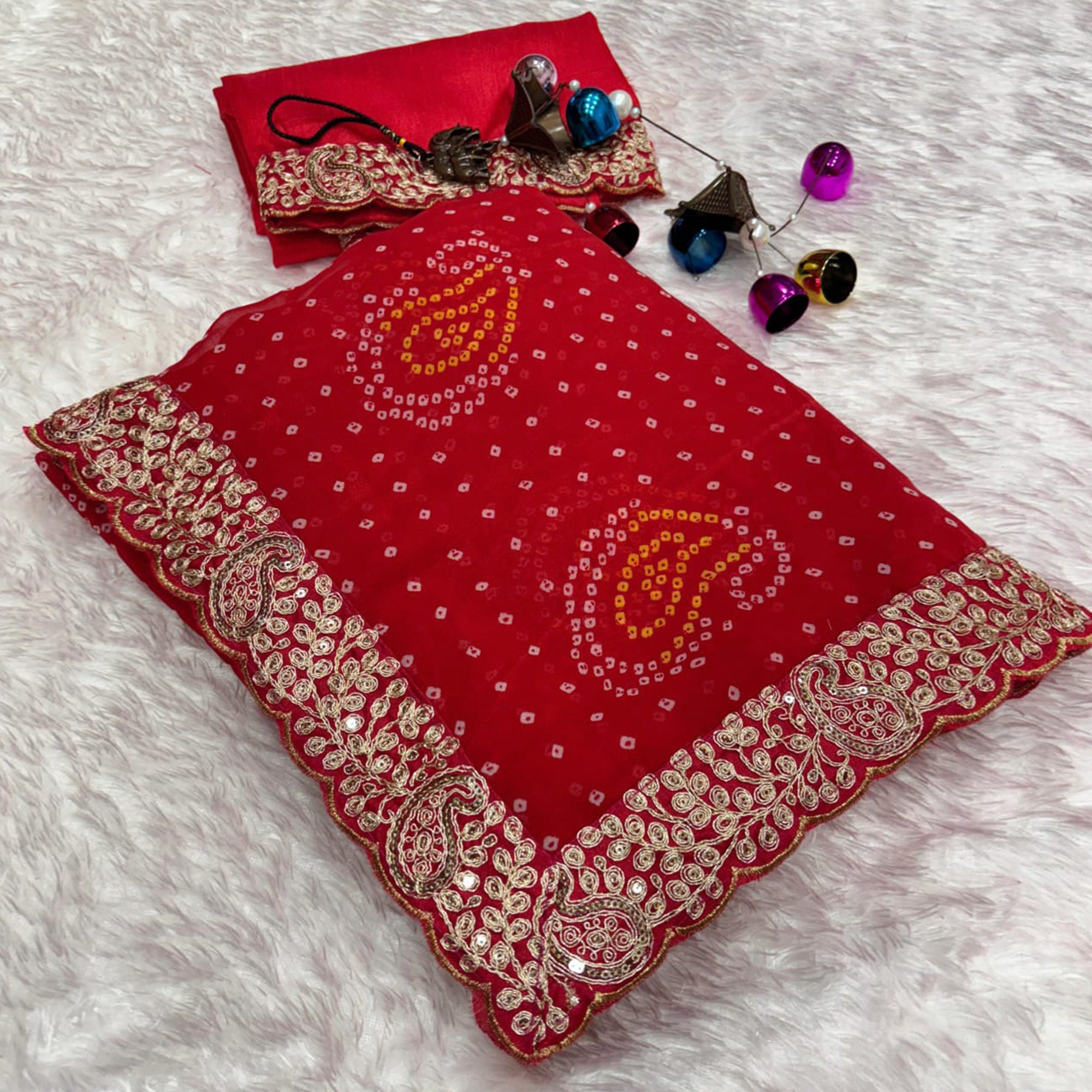 Red Bandhani Printed Georgette Saree With Embroidered Border