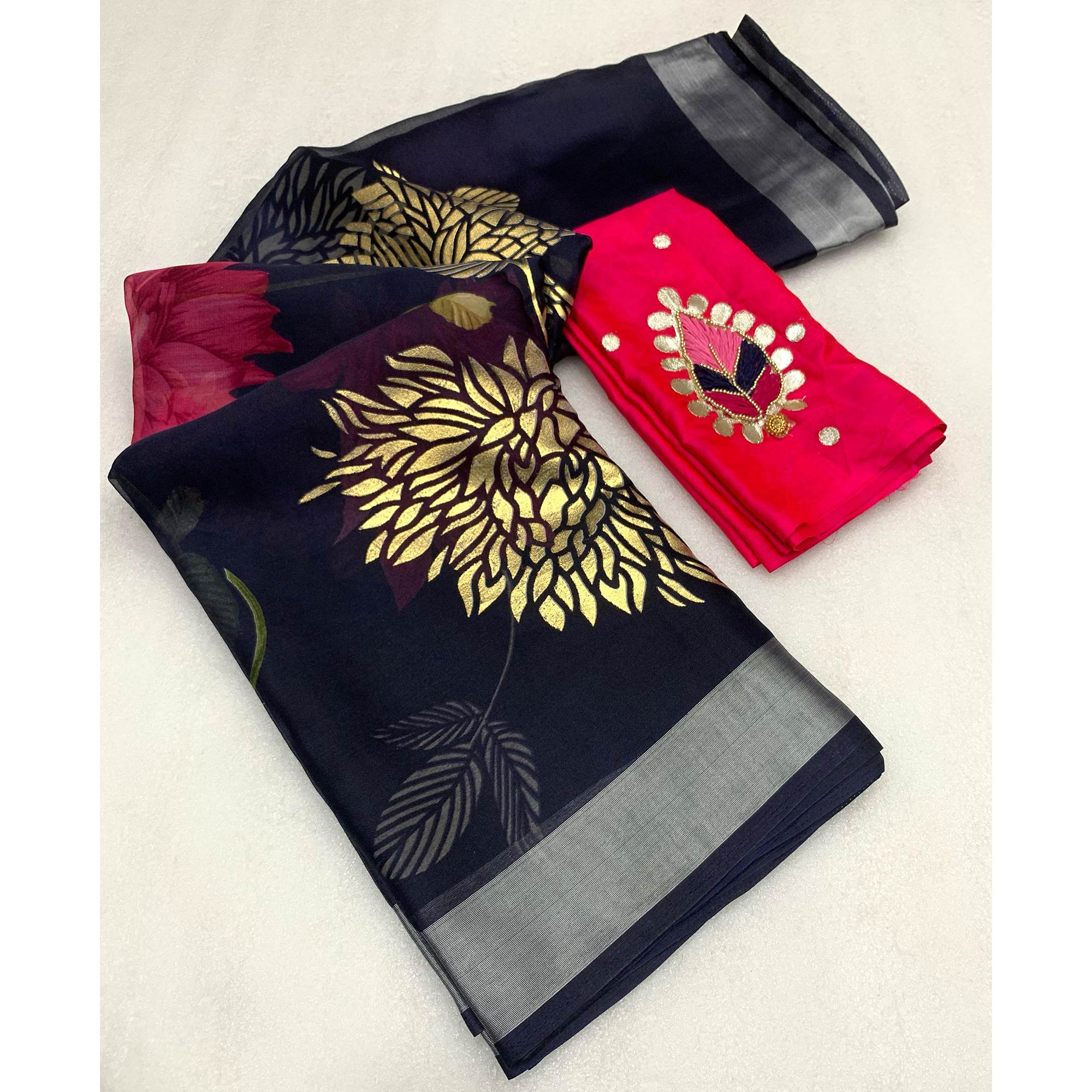 Navy Blue Floral Foil Printed Organza Saree