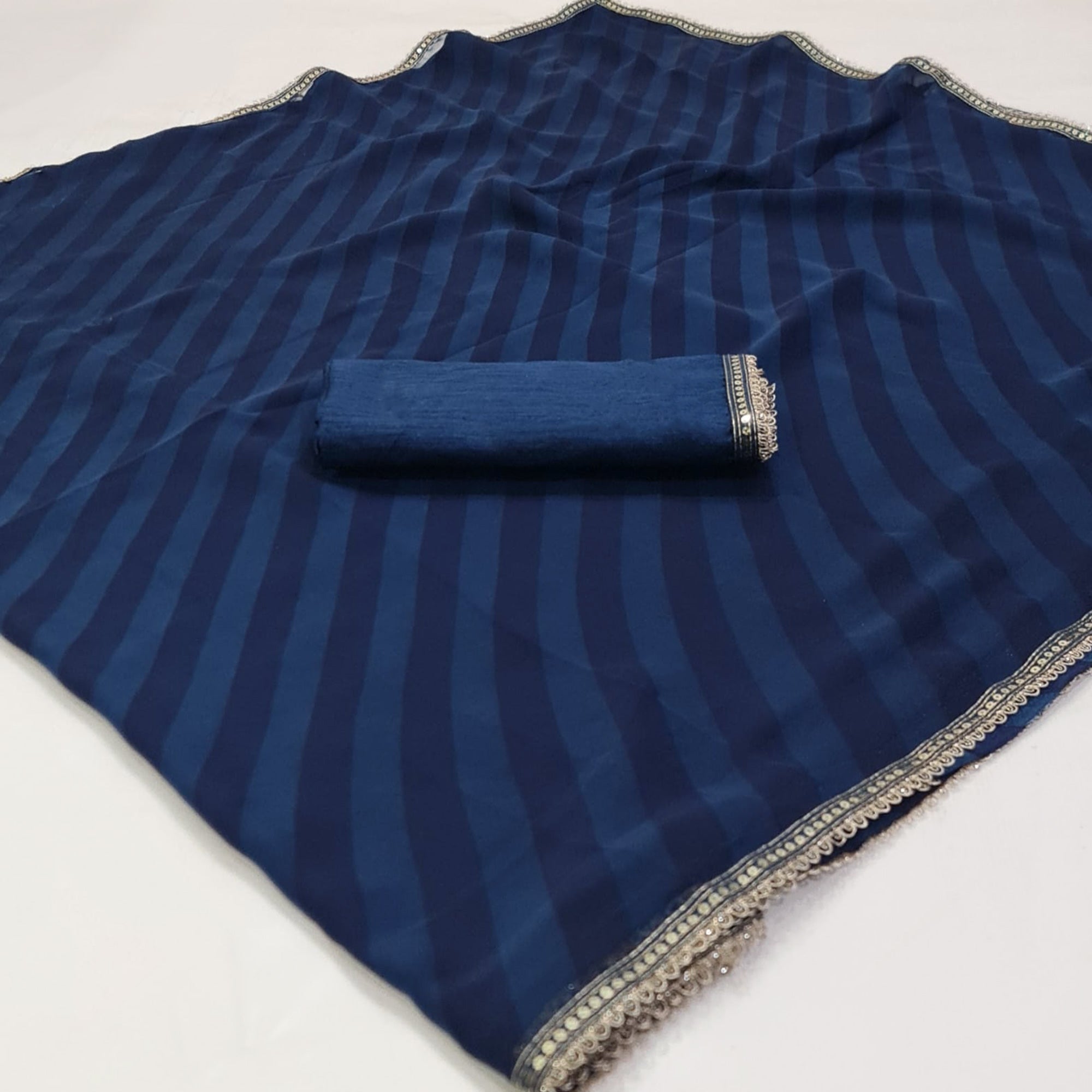 Blue Printed Georgette Saree With Lace Border