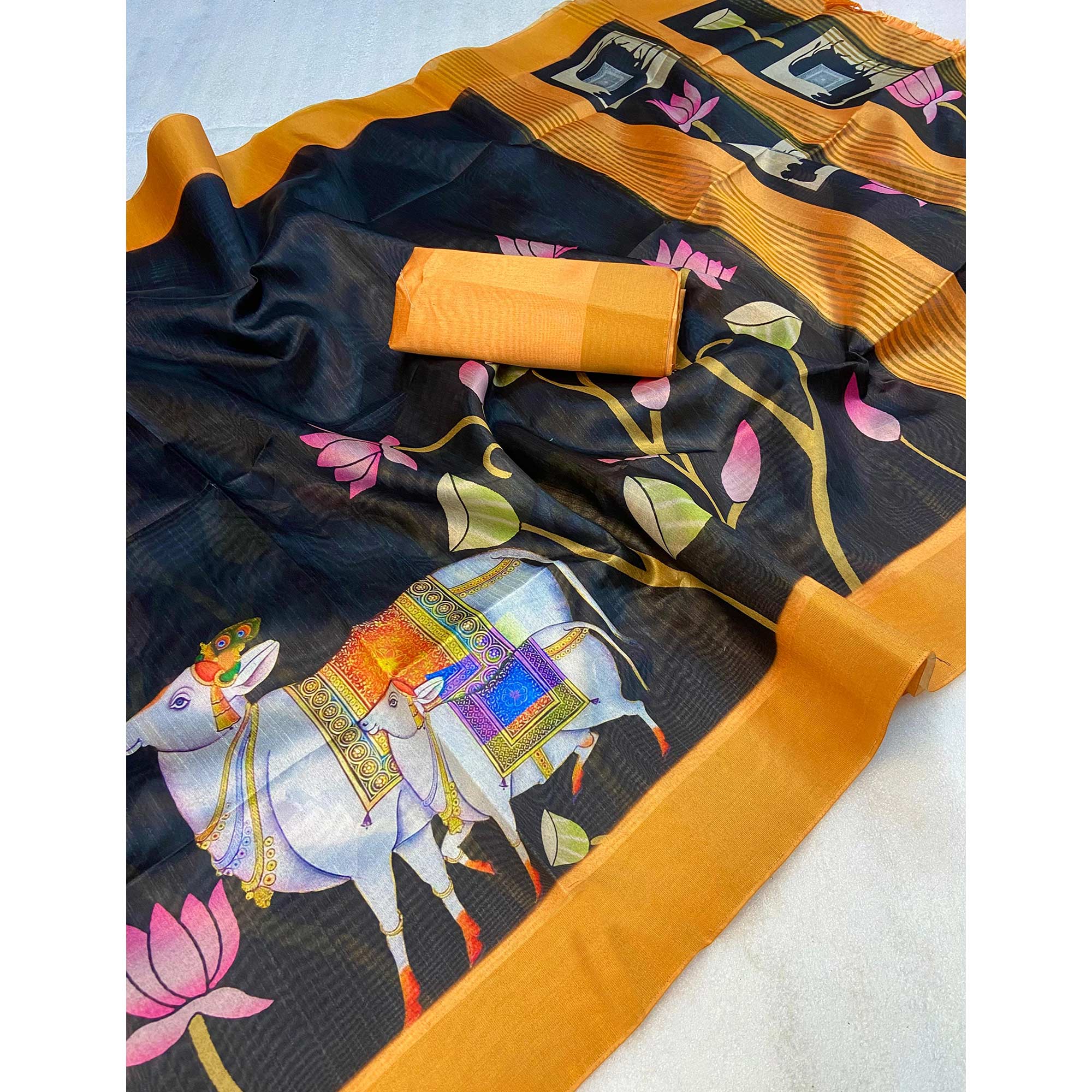 Black Floral Printed Tussar Silk Saree