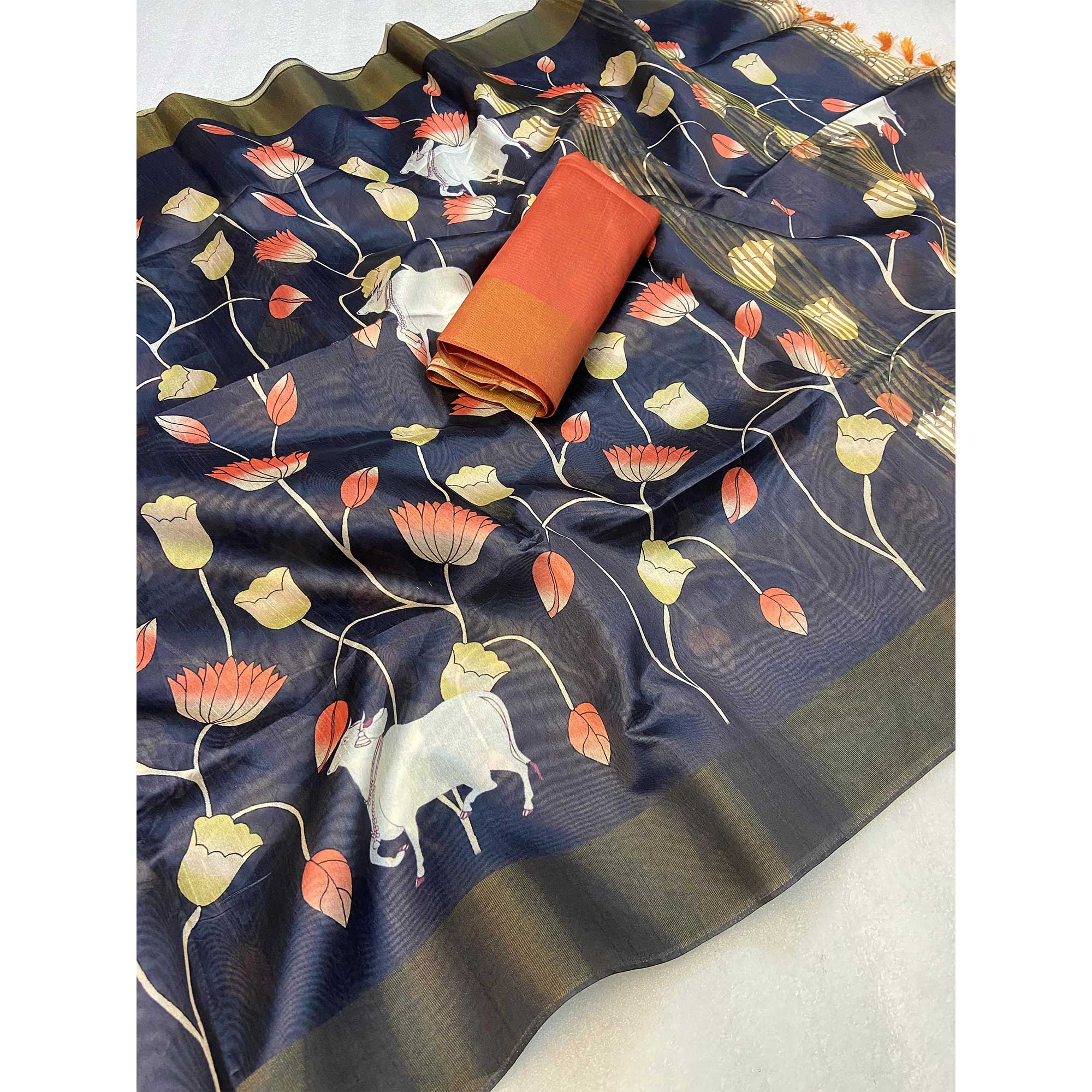 Navy Blue Floral Printed Tussar Silk Saree