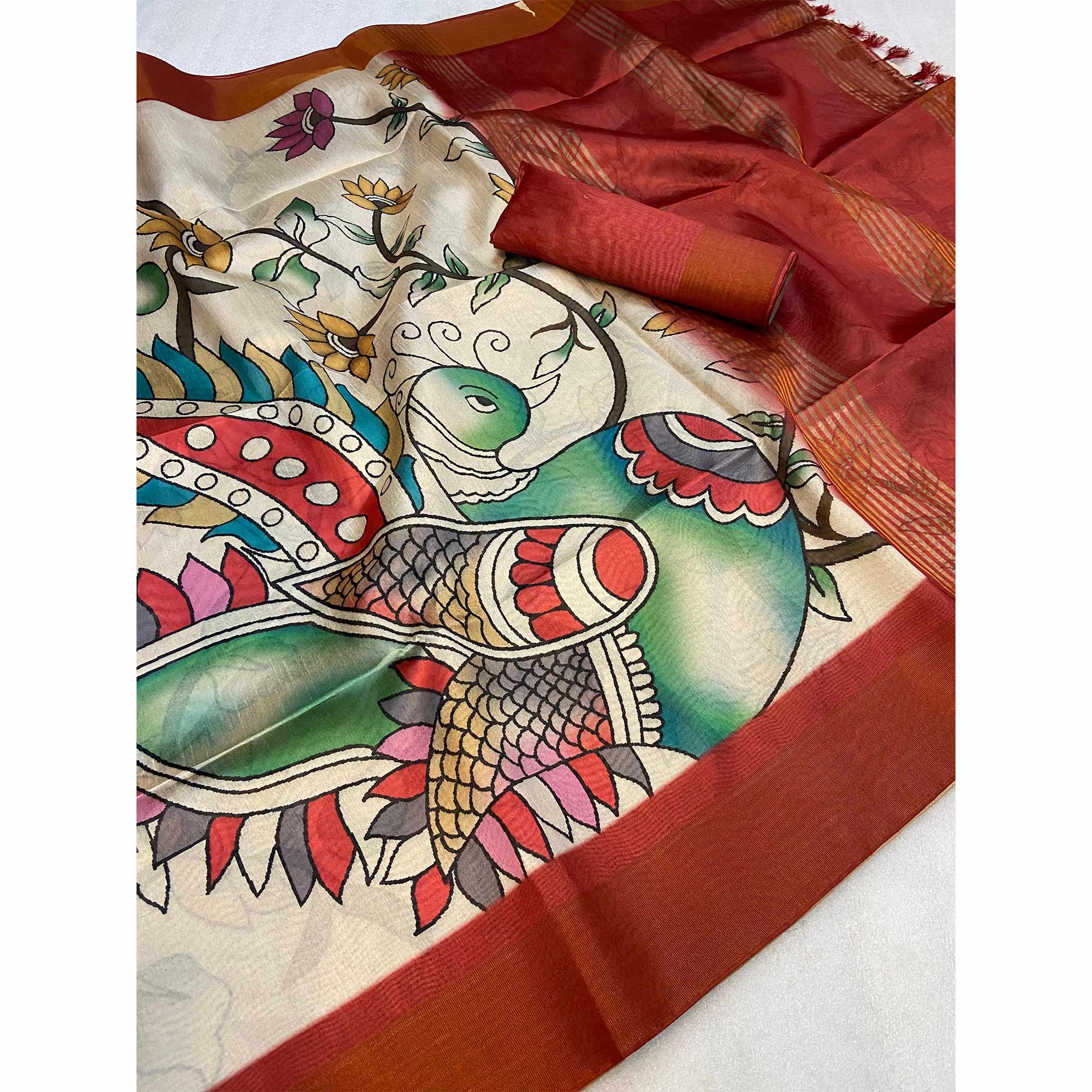 Off White Floral Printed Tussar Silk Saree