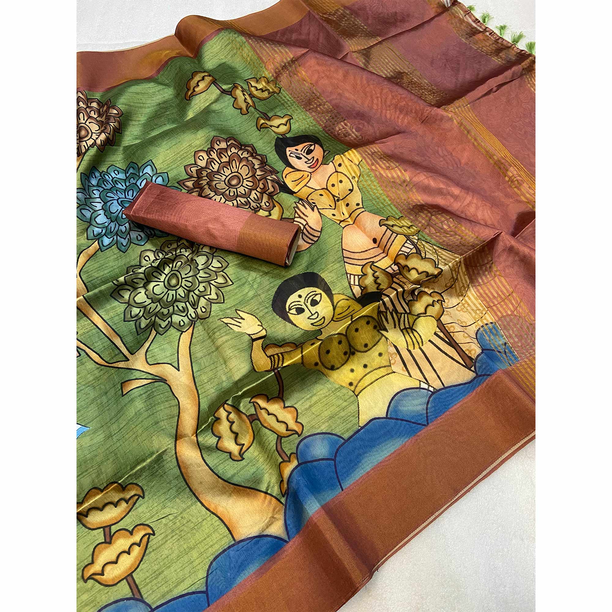 Green Floral Printed Tussar Silk Saree