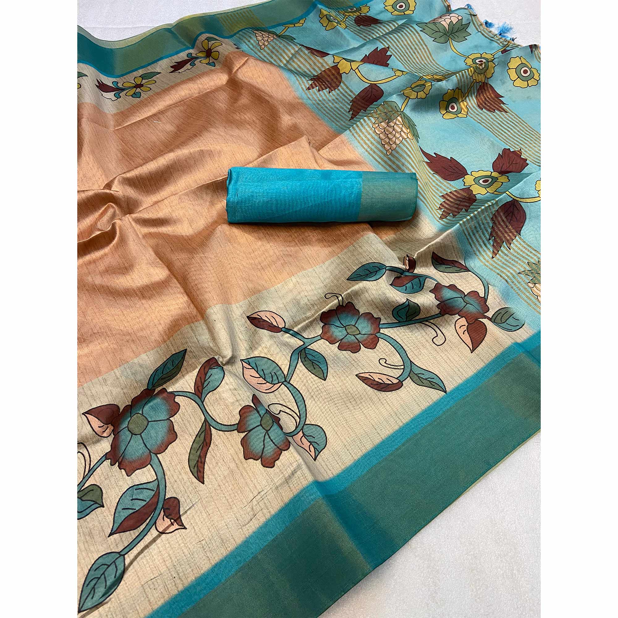 Peach Floral Printed Tussar Silk Saree
