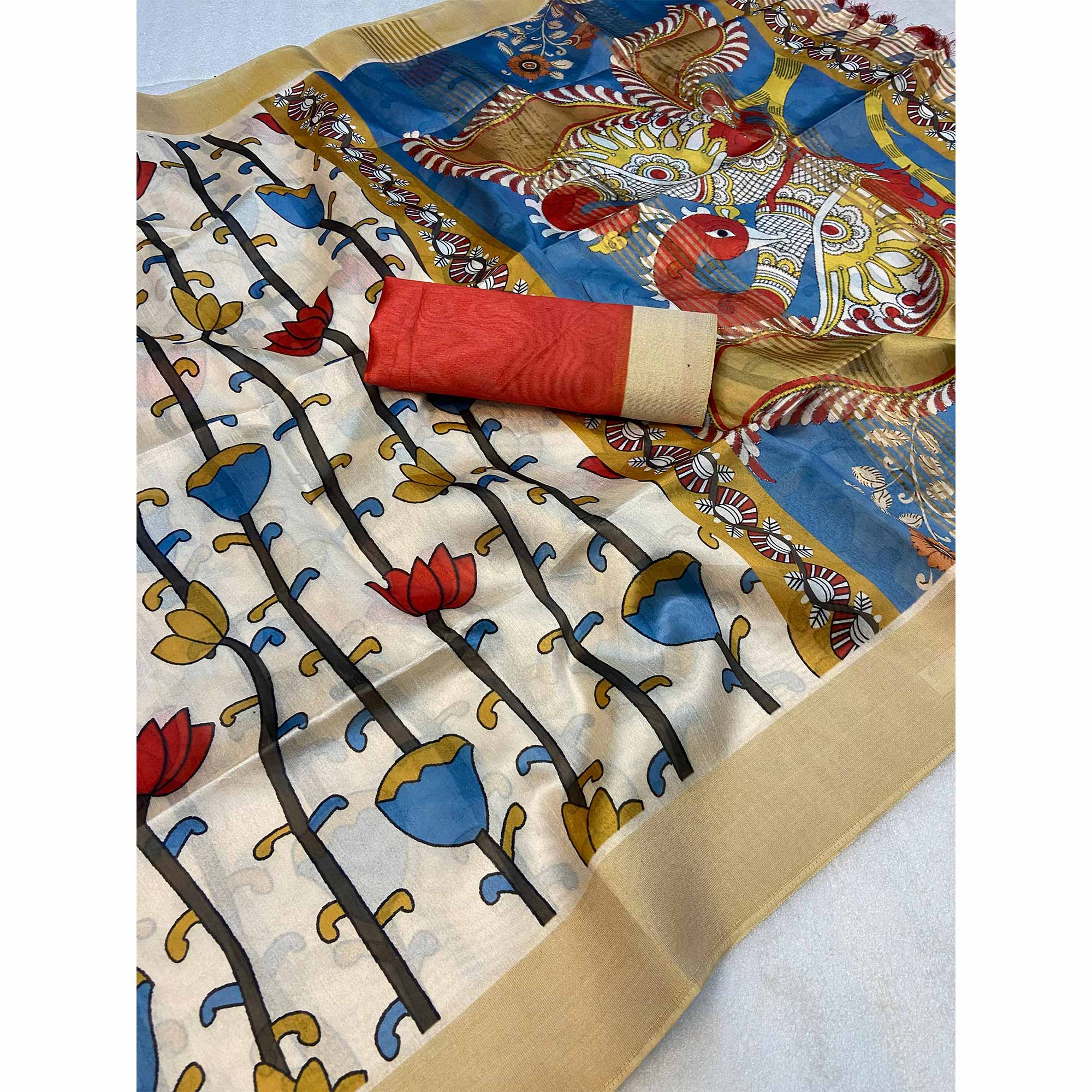 White Floral Printed Tussar Silk Saree