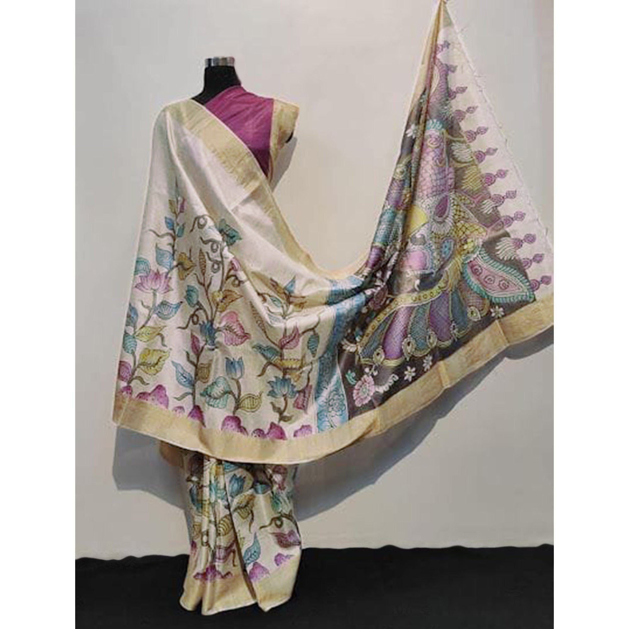 Off White Floral Printed Tussar Silk Saree