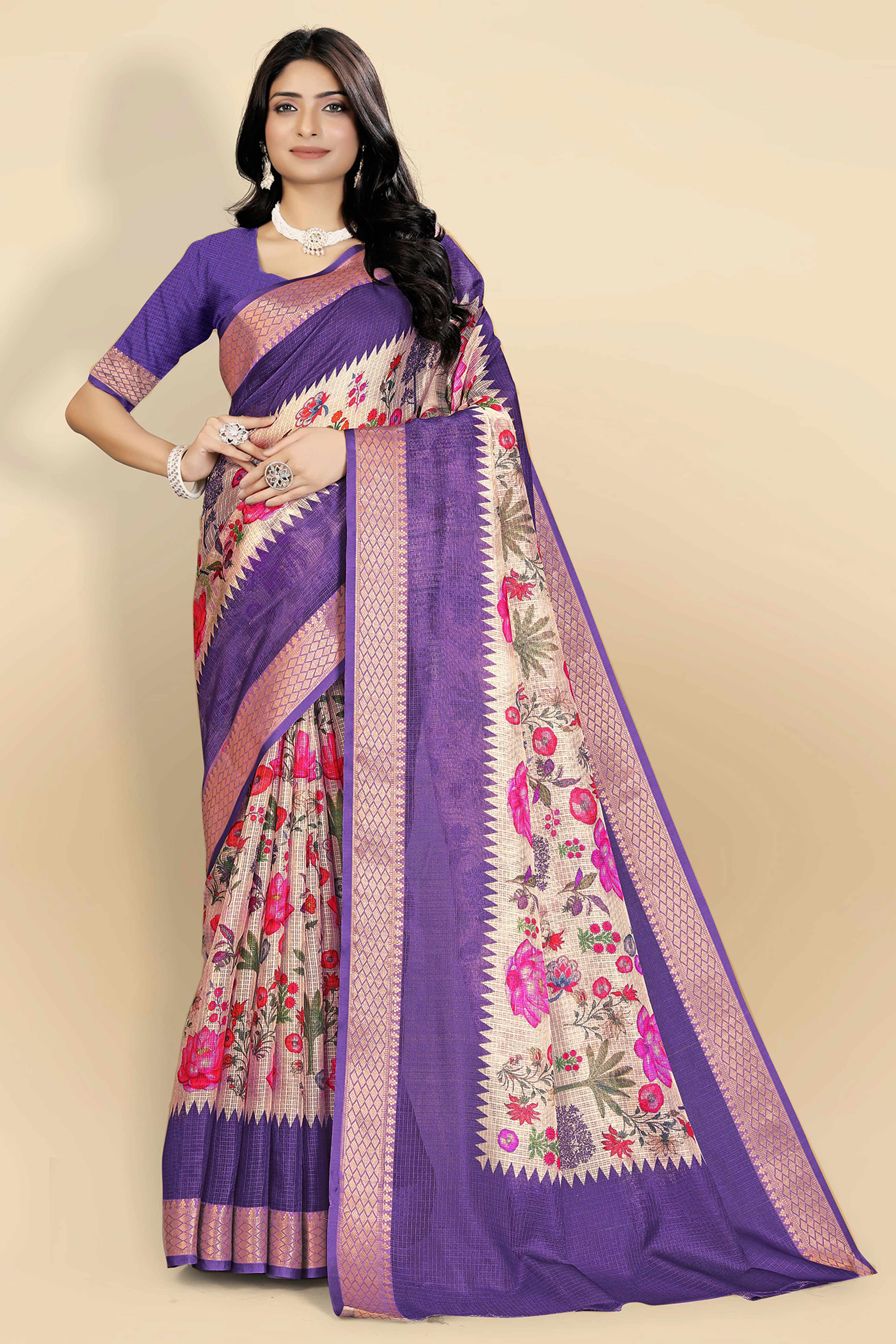 White Kota Doria Saree with Soft Floral Prints and Subtle Zari Border Finish