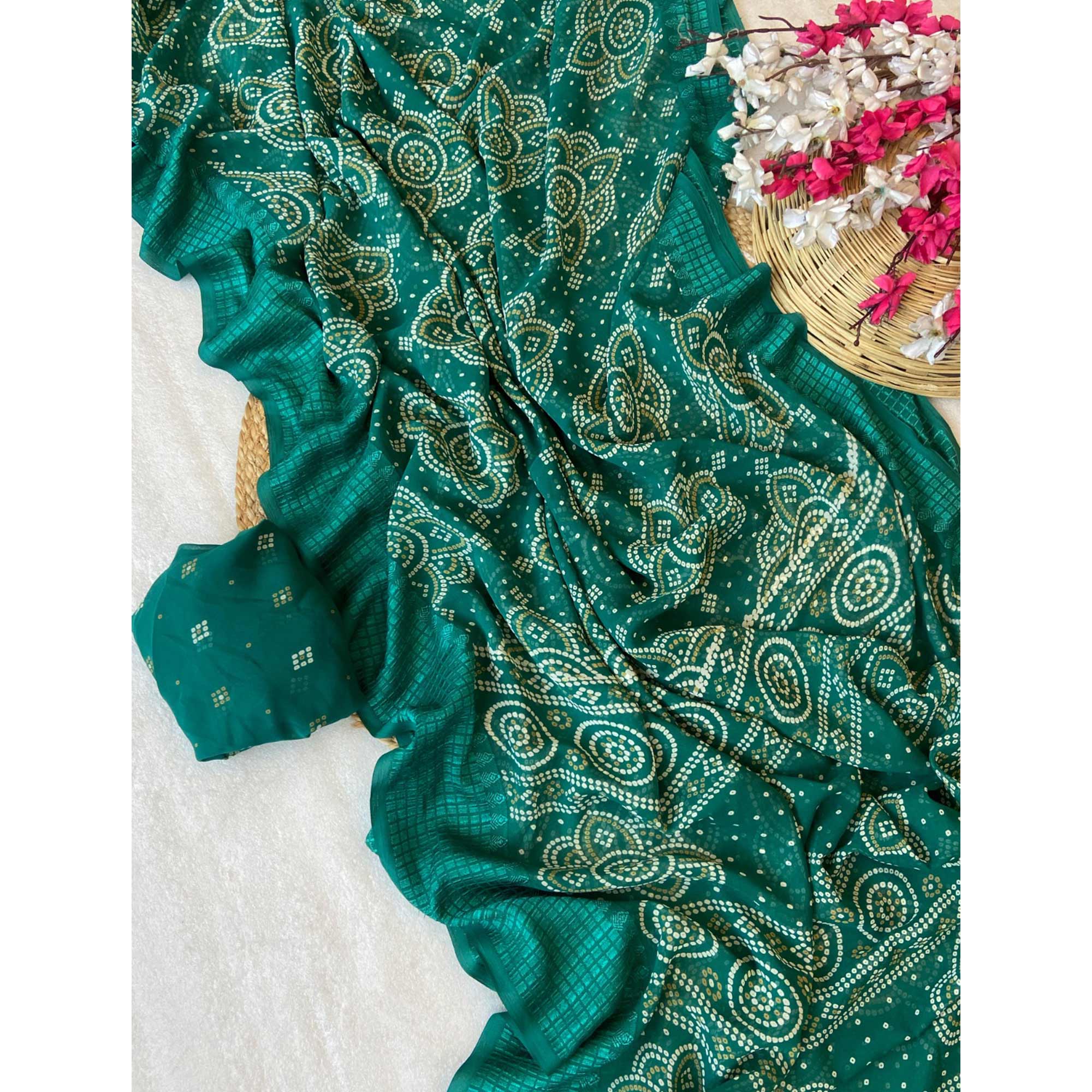Rama Green Bandhani Printed Georgette Saree With Viscose Border