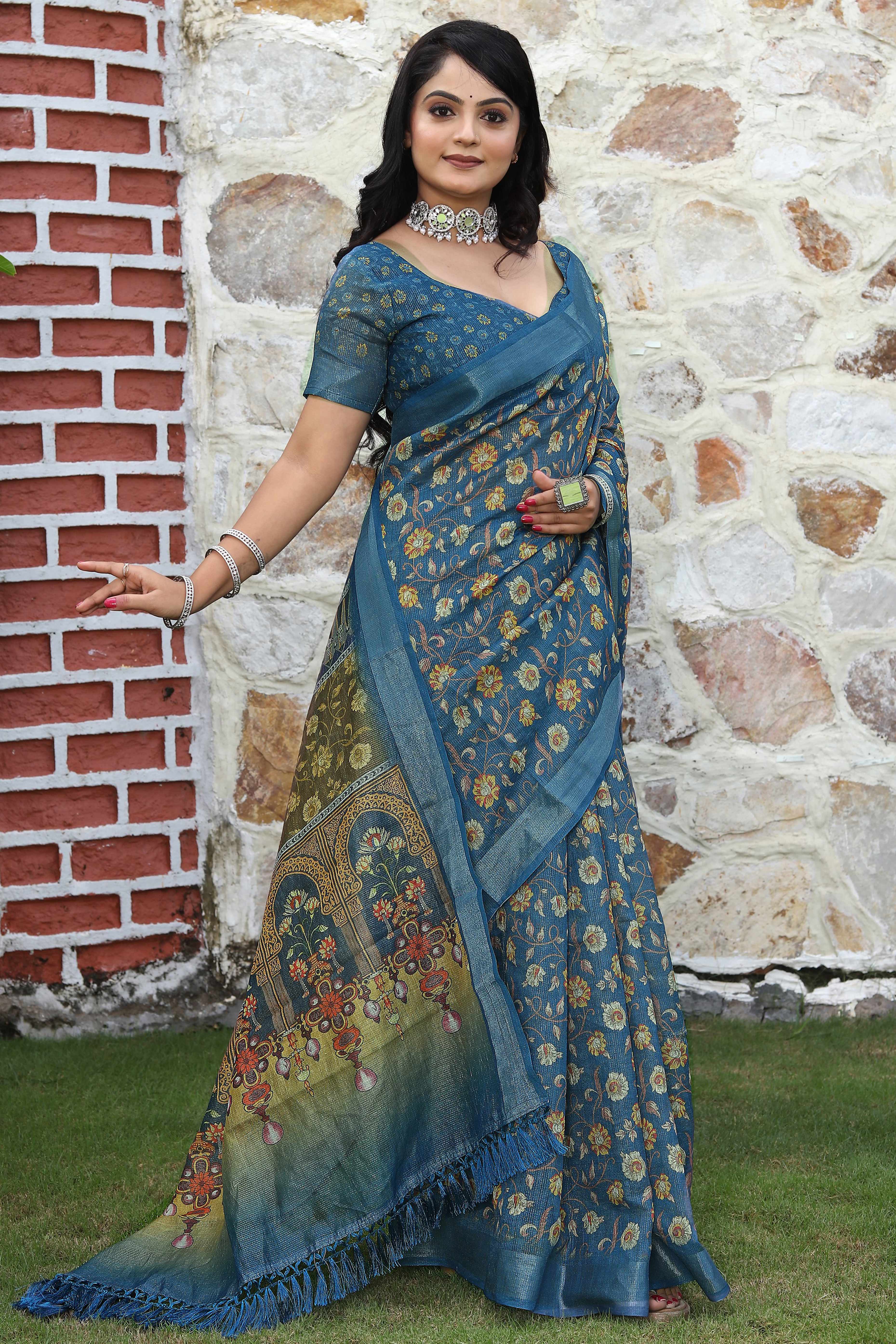 Beautiful Teal Tissue Handloom Saree with Detailed Digital Floral Embellishments