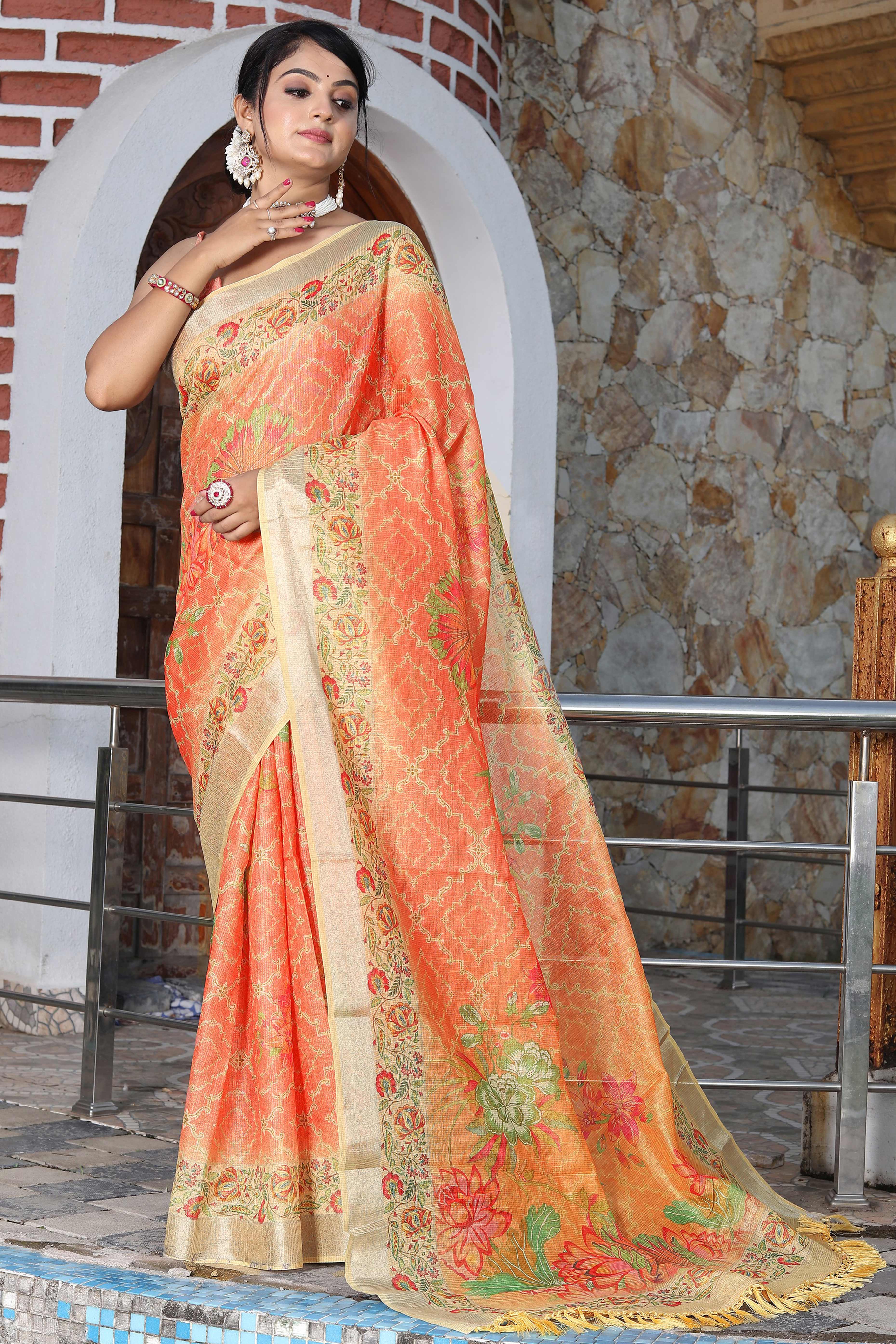 Beautiful Orange Tissue Handloom Saree with Detailed Digital Floral Embellishments