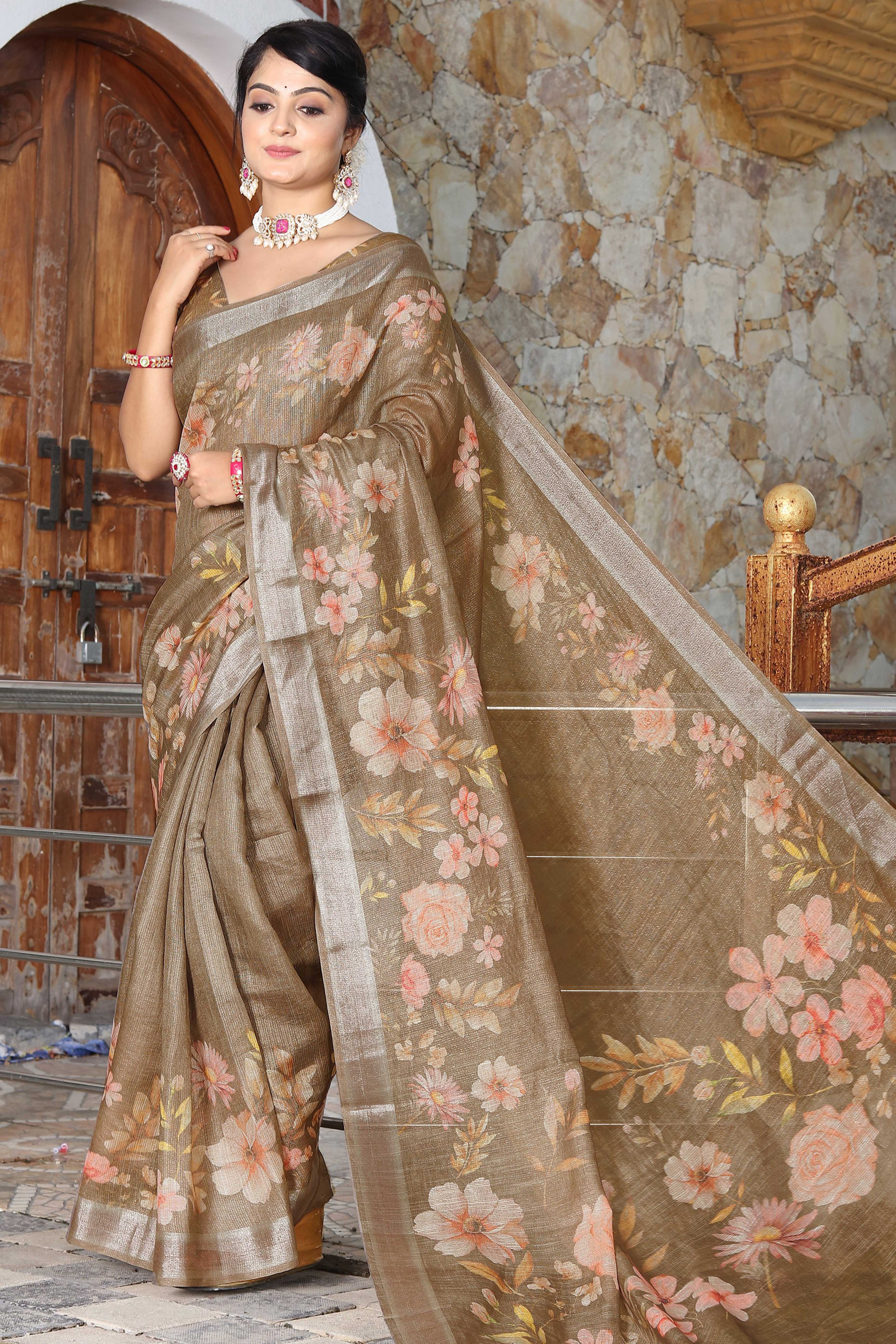 Beautiful Light Brown Tissue Handloom Saree with Detailed Digital Floral Embellishments
