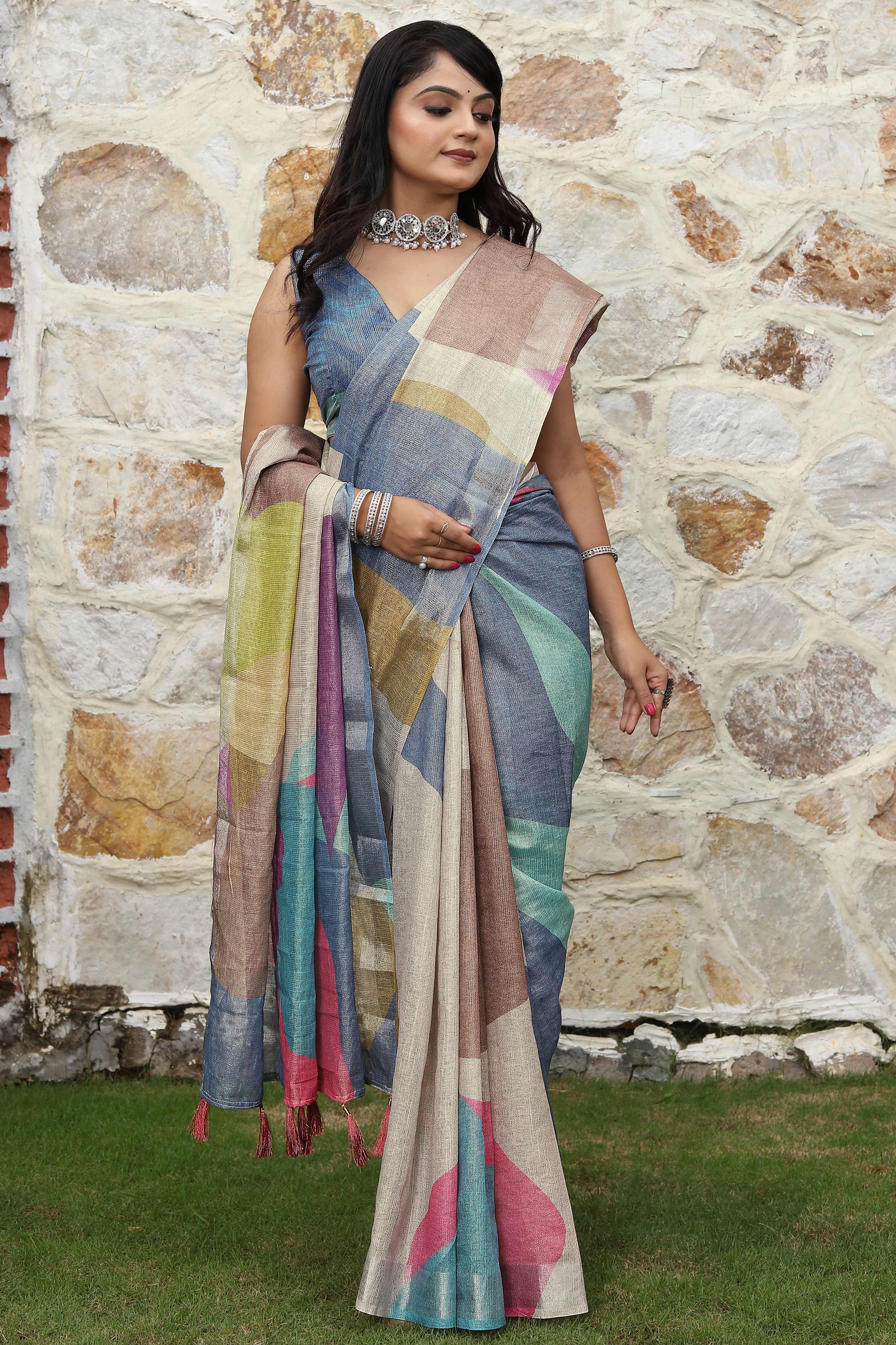 Beautiful Multicolor Tissue Handloom Saree with Detailed Digital Floral Embellishments
