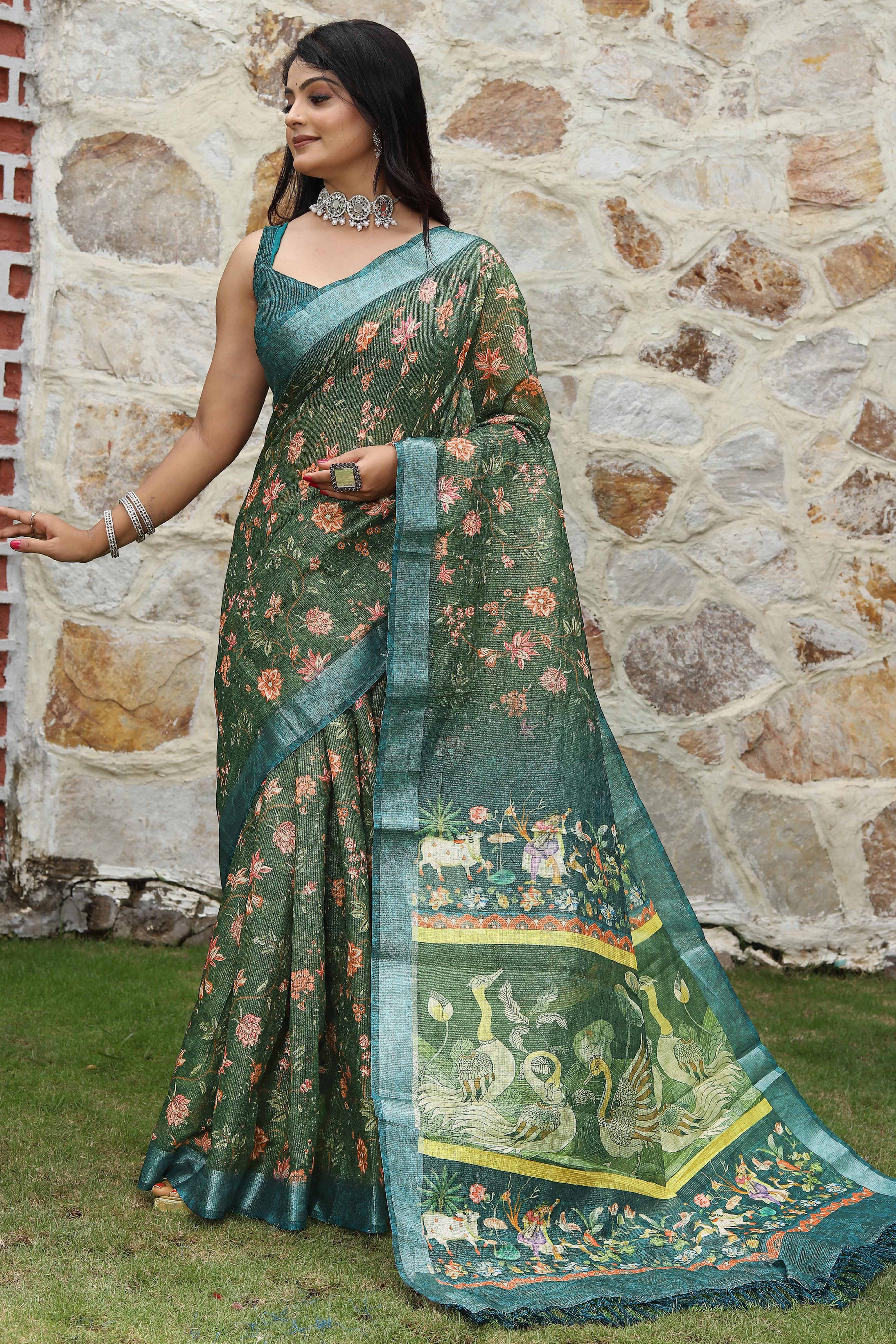 Beautiful GreenTissue Handloom Saree with Detailed Digital Floral Embellishments