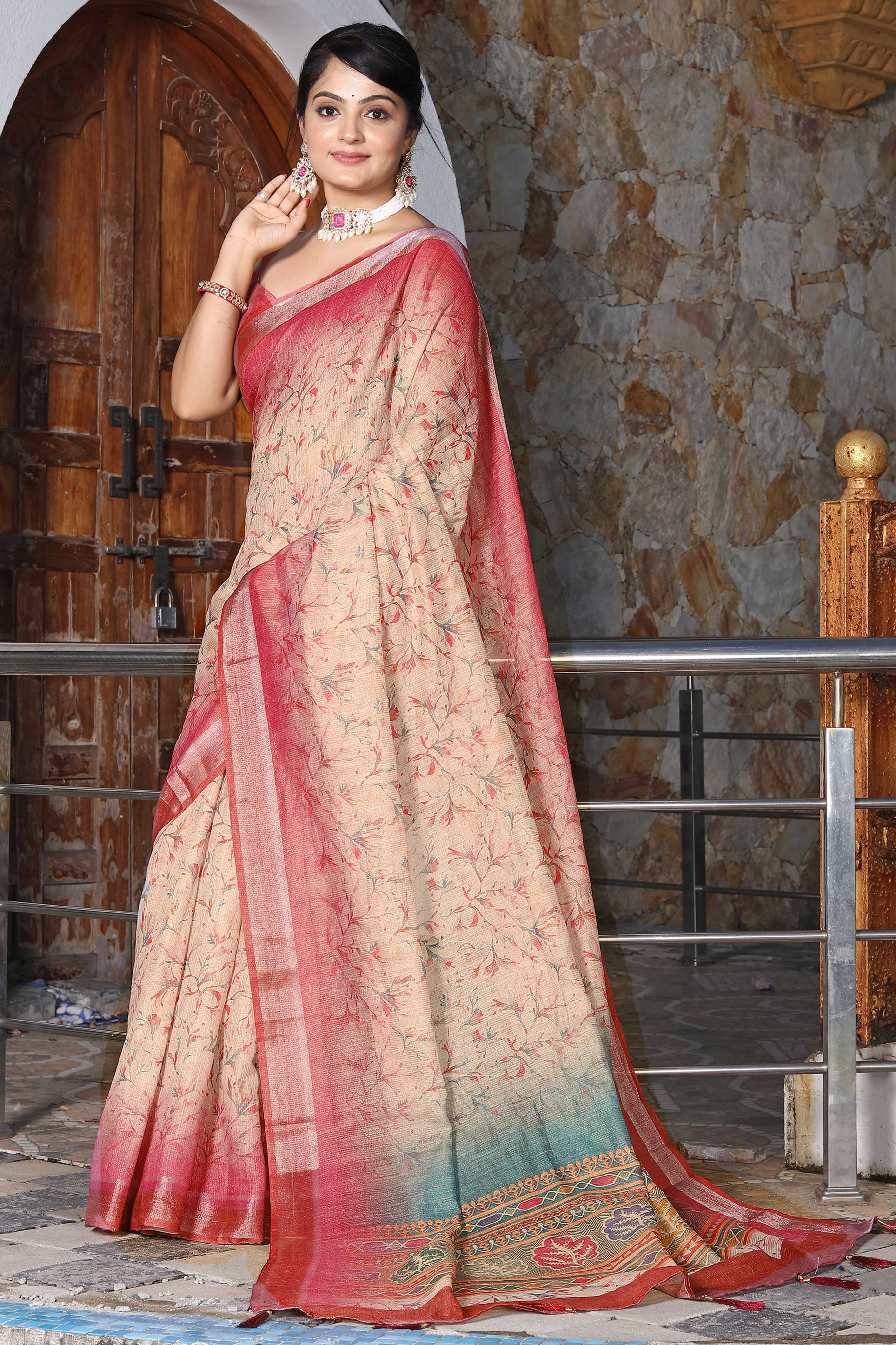Beautiful Cream Tissue Handloom Saree with Detailed Digital Floral Embellishments