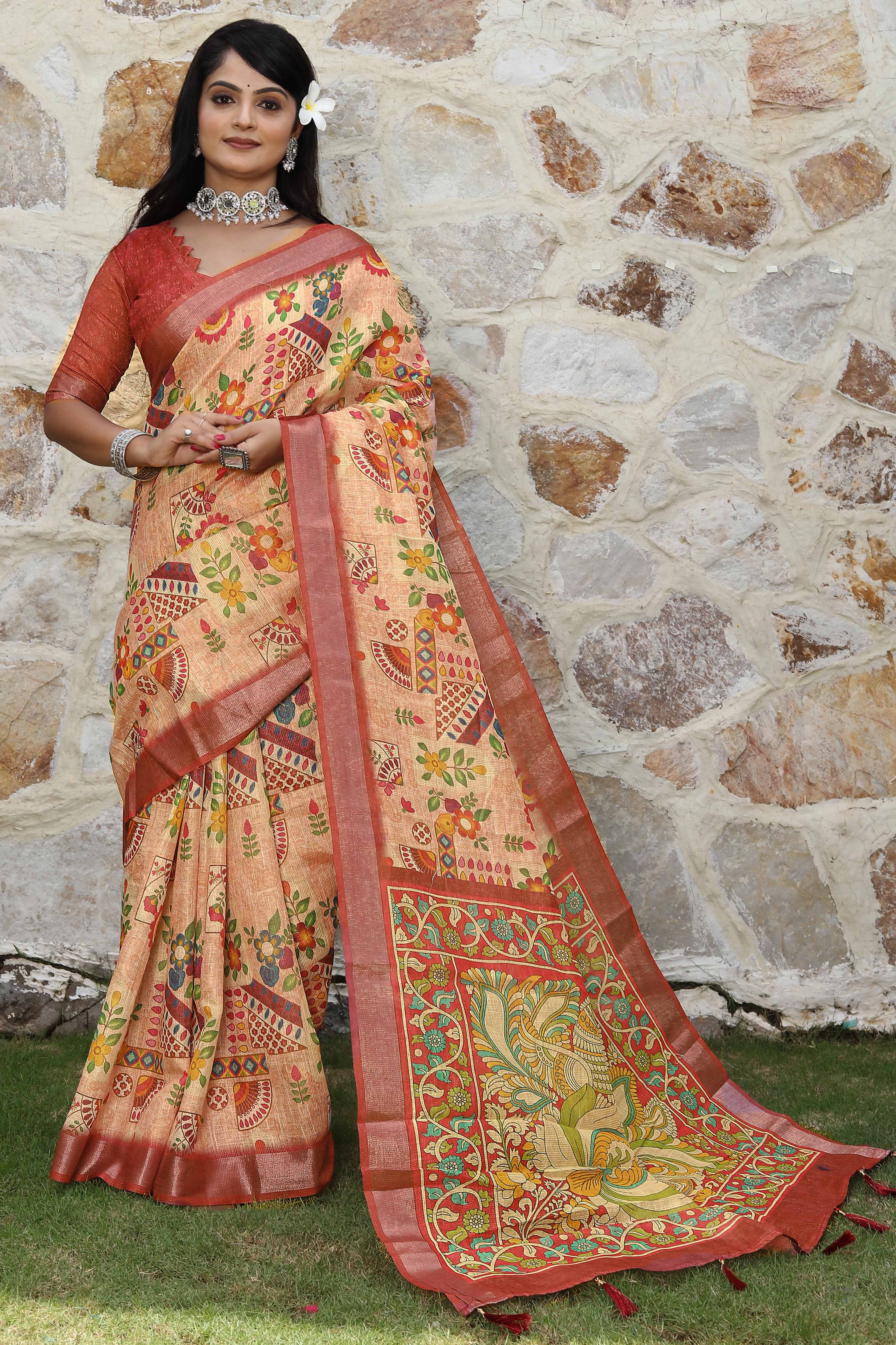 Beautiful Peach Tissue Handloom Saree with Detailed Digital Floral Embellishments